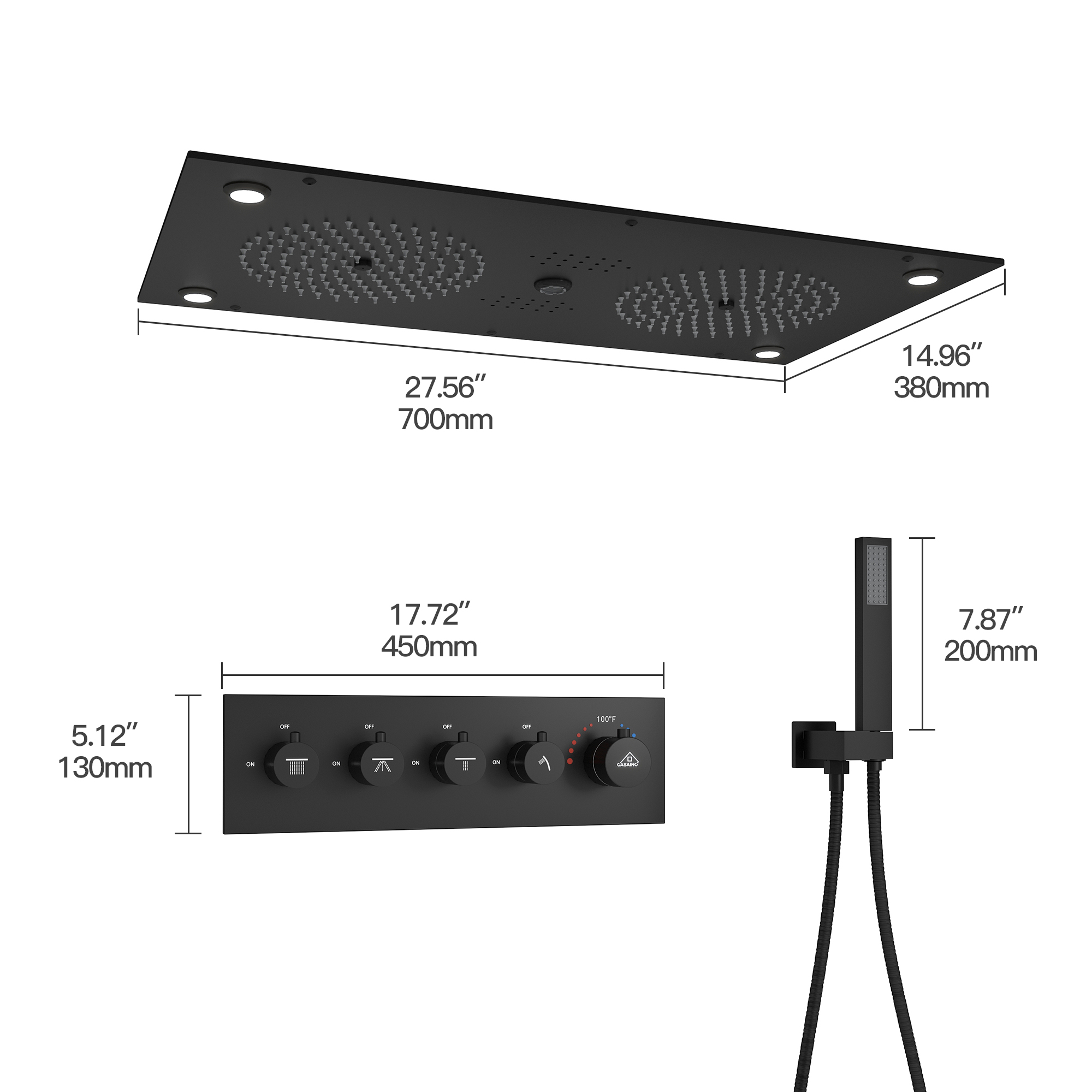 28" x 15" 4-Function Thermostatic Shower System with LED Lights & Bluetooth