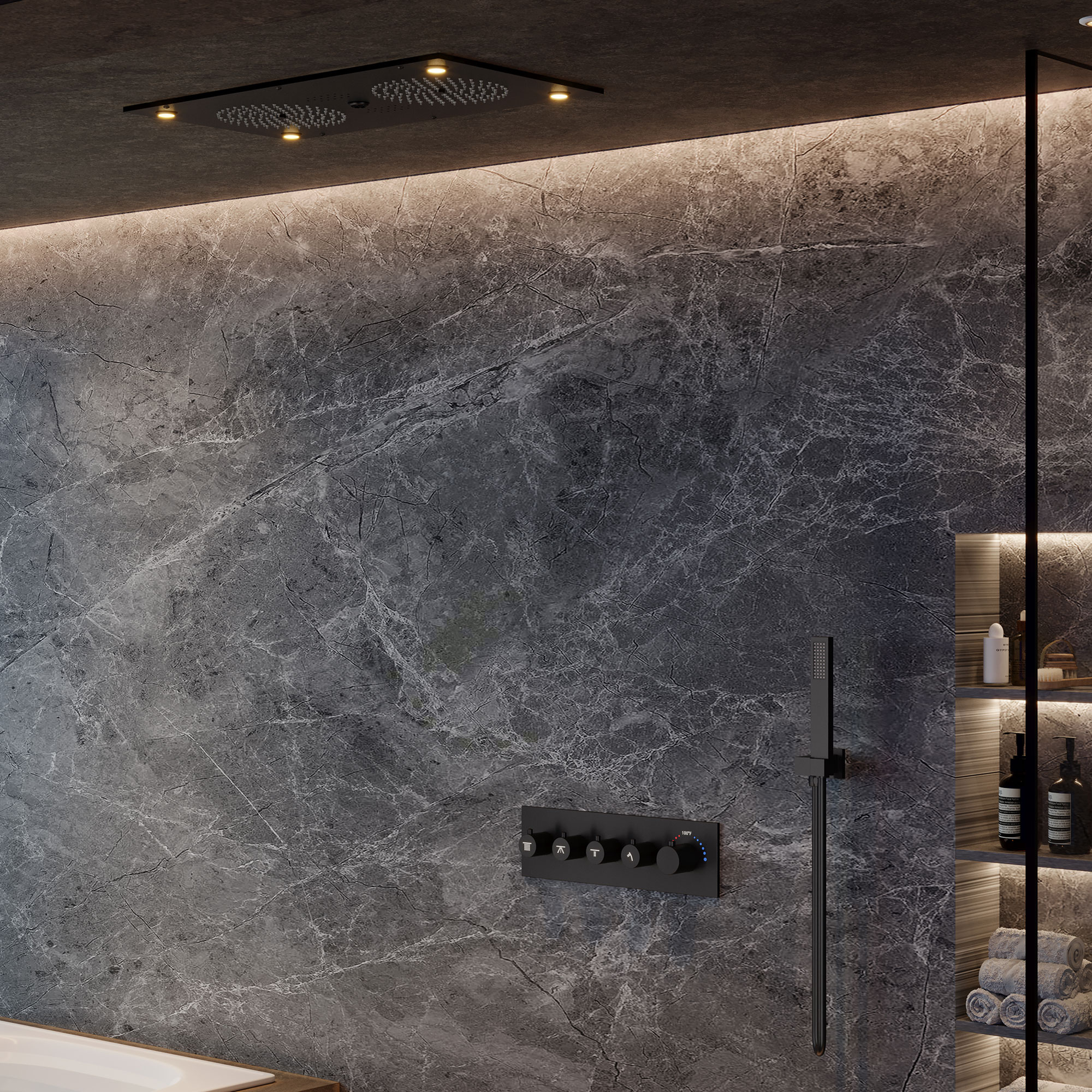 28*15 inch 4-Function Thermostatic Shower System with LED Lights & Bluetooth