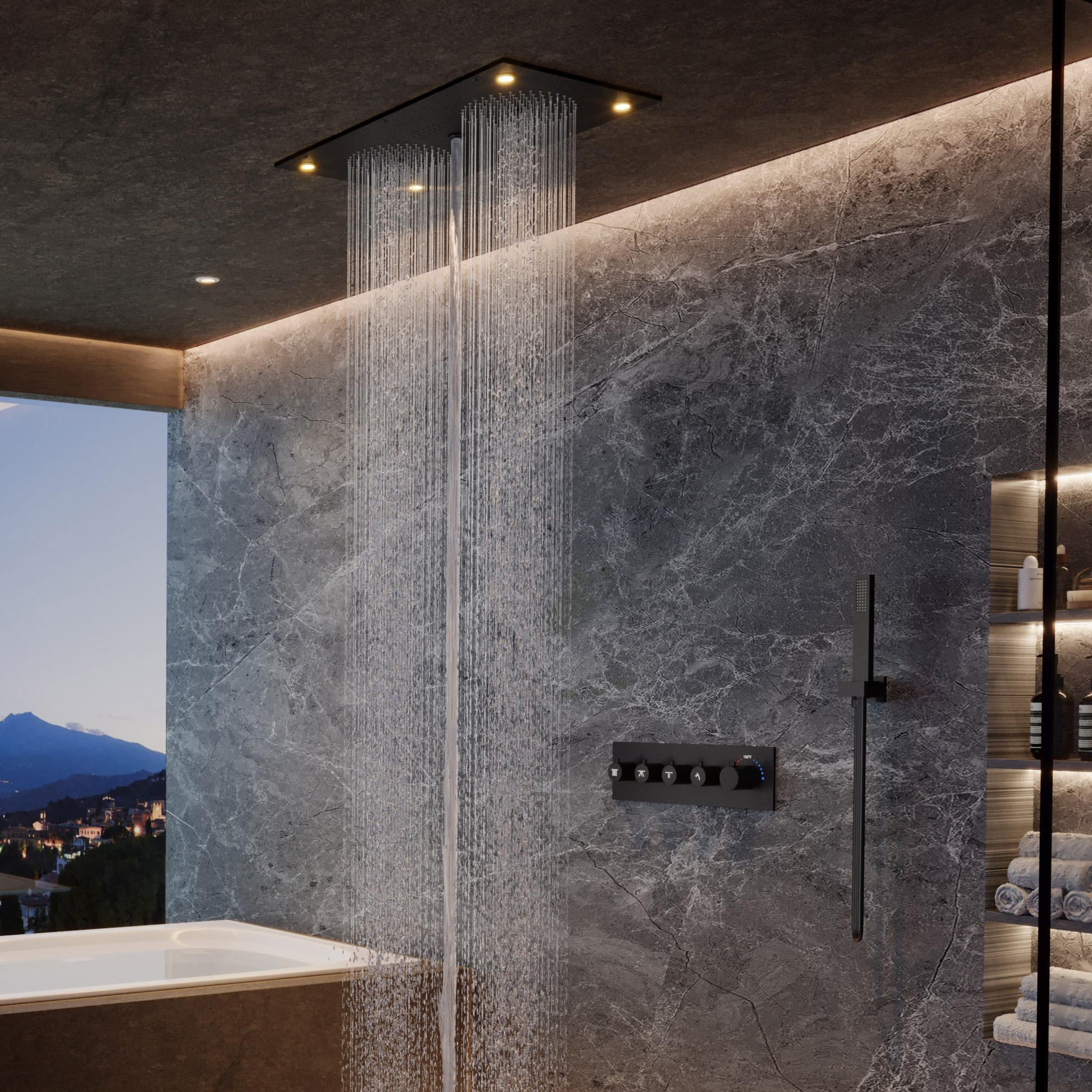 28*15 inch 4-Function Thermostatic Shower System with LED Lights & Bluetooth