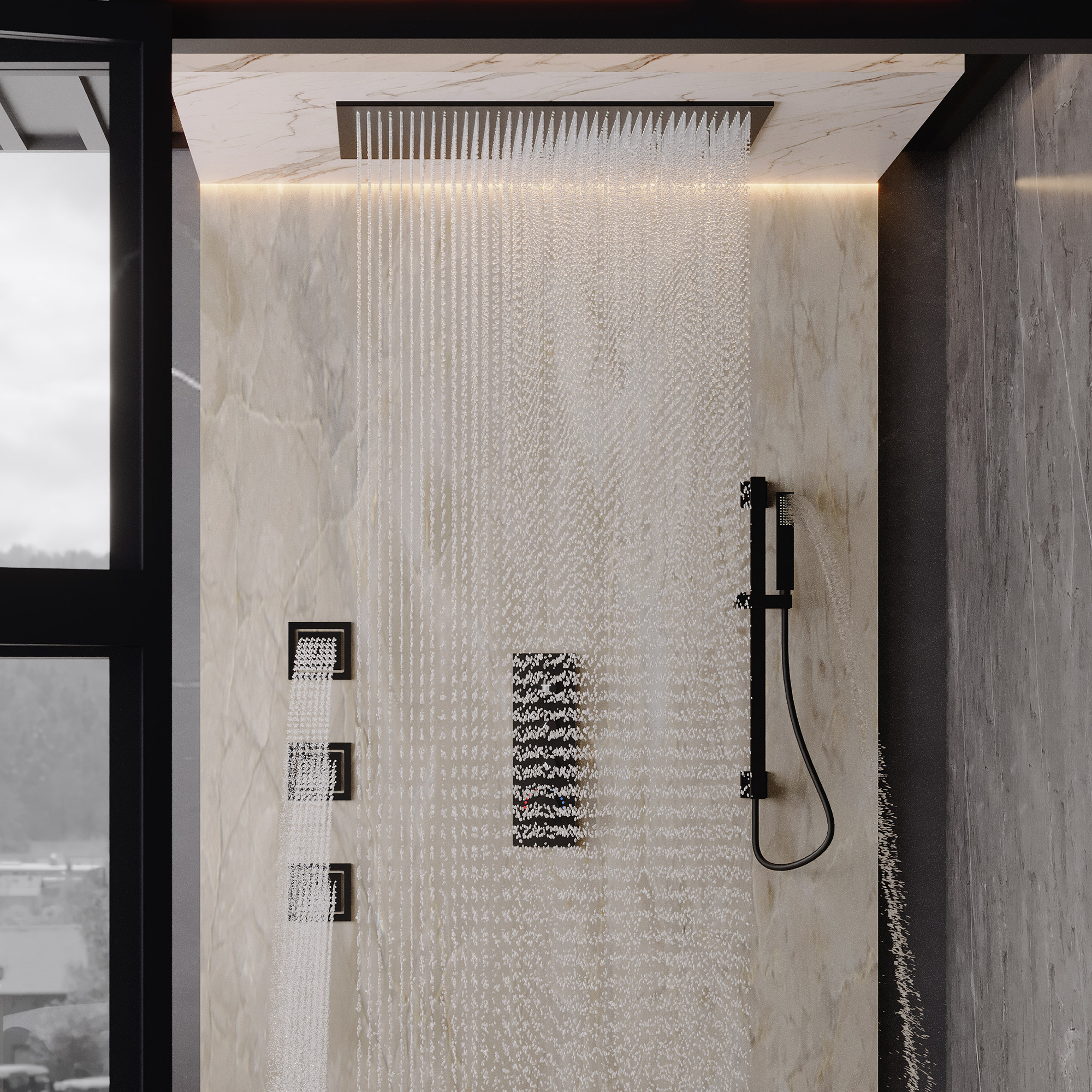 32*16 inch 3-Function Thermostatic Shower System with Body Jets