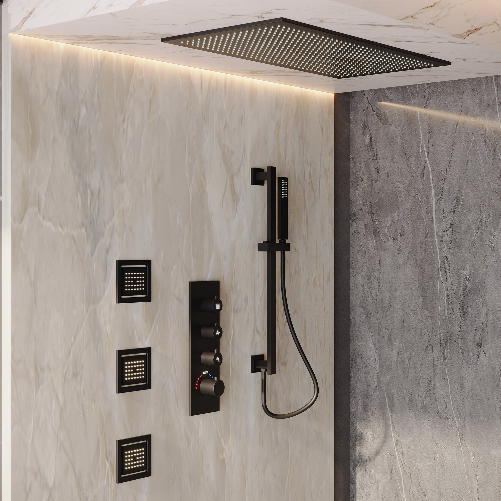 32*16 inch 3-Function Thermostatic Shower System with Body Jets