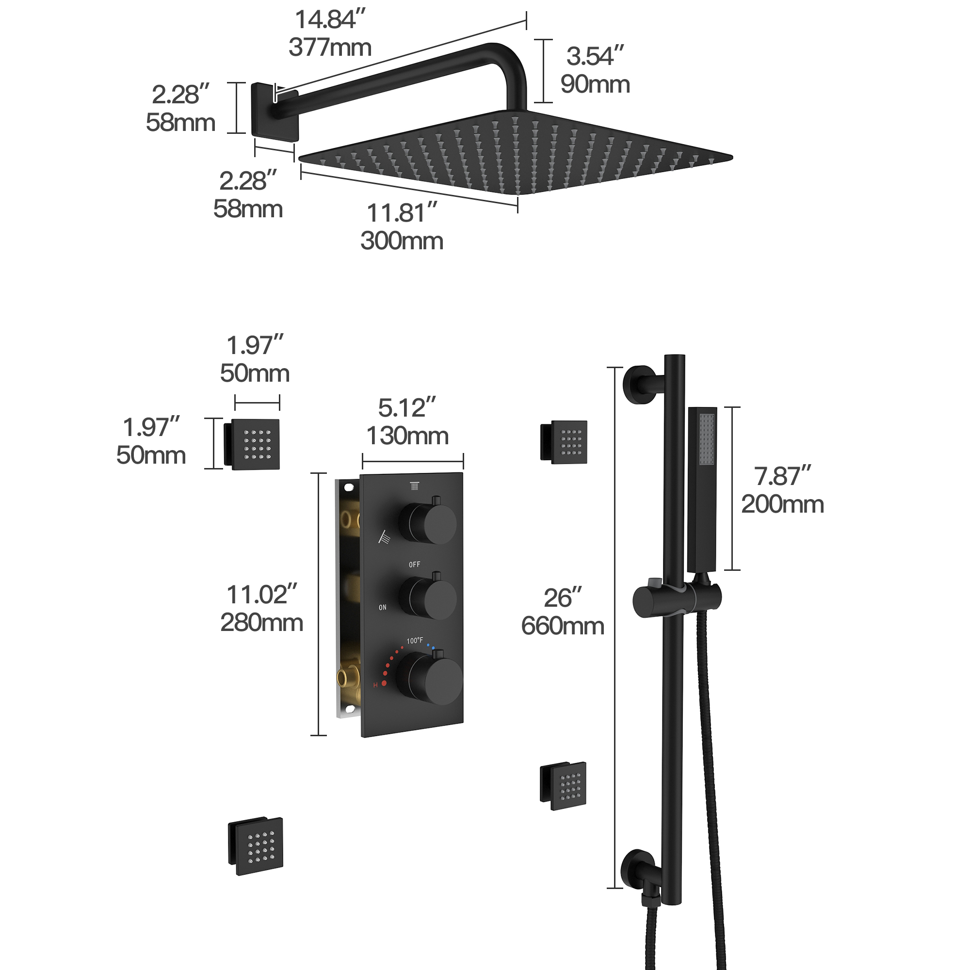12" 3-Function Thermostatic Rain Shower System with Body Jets & Slide Bar