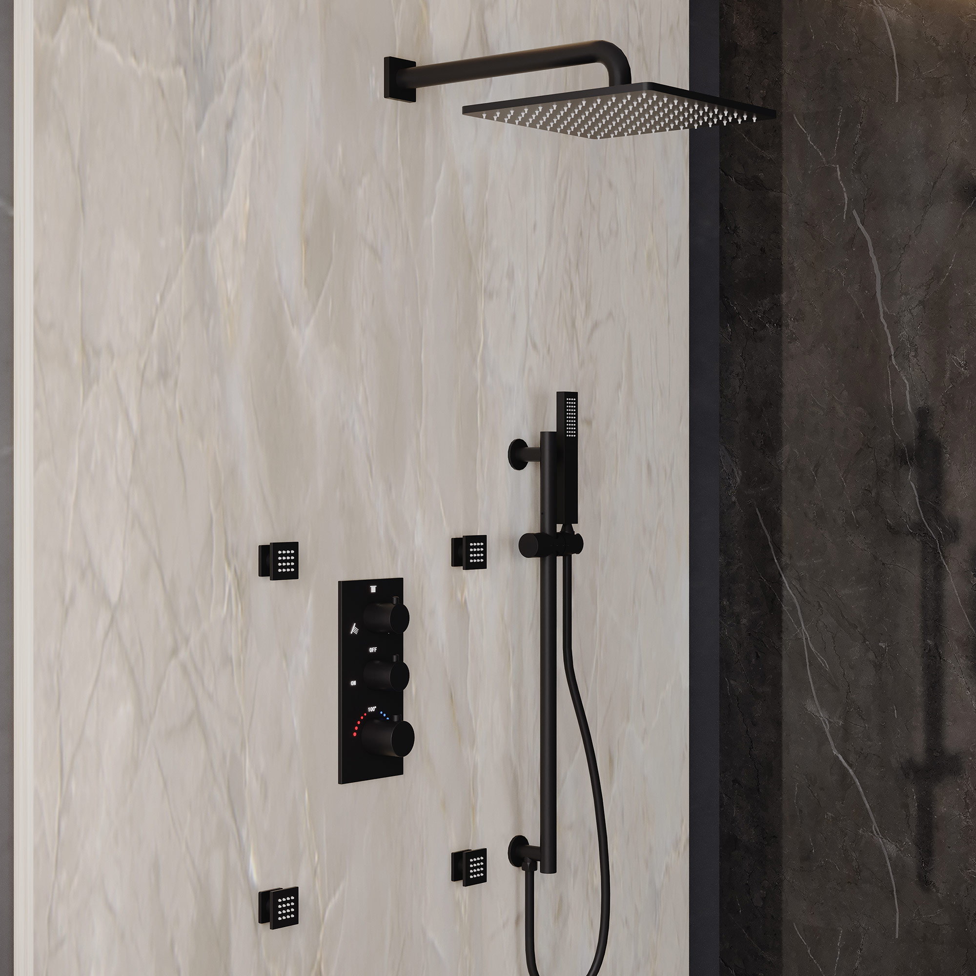 12-inch 3-Function Thermostatic Rain Shower System with Body Jets & Slide Bar