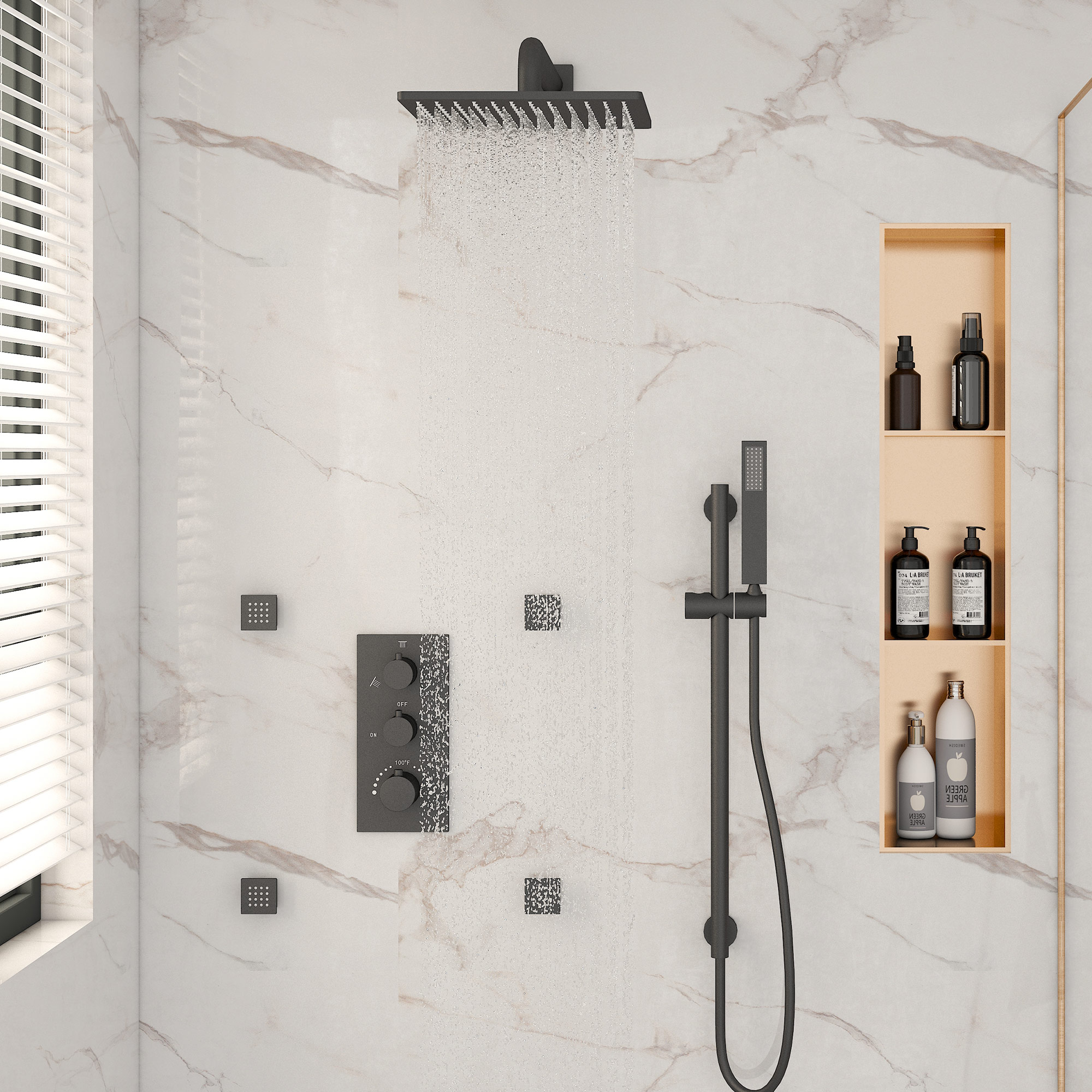 12-inch 3-Function Thermostatic Rain Shower System with Body Jets & Slide Bar