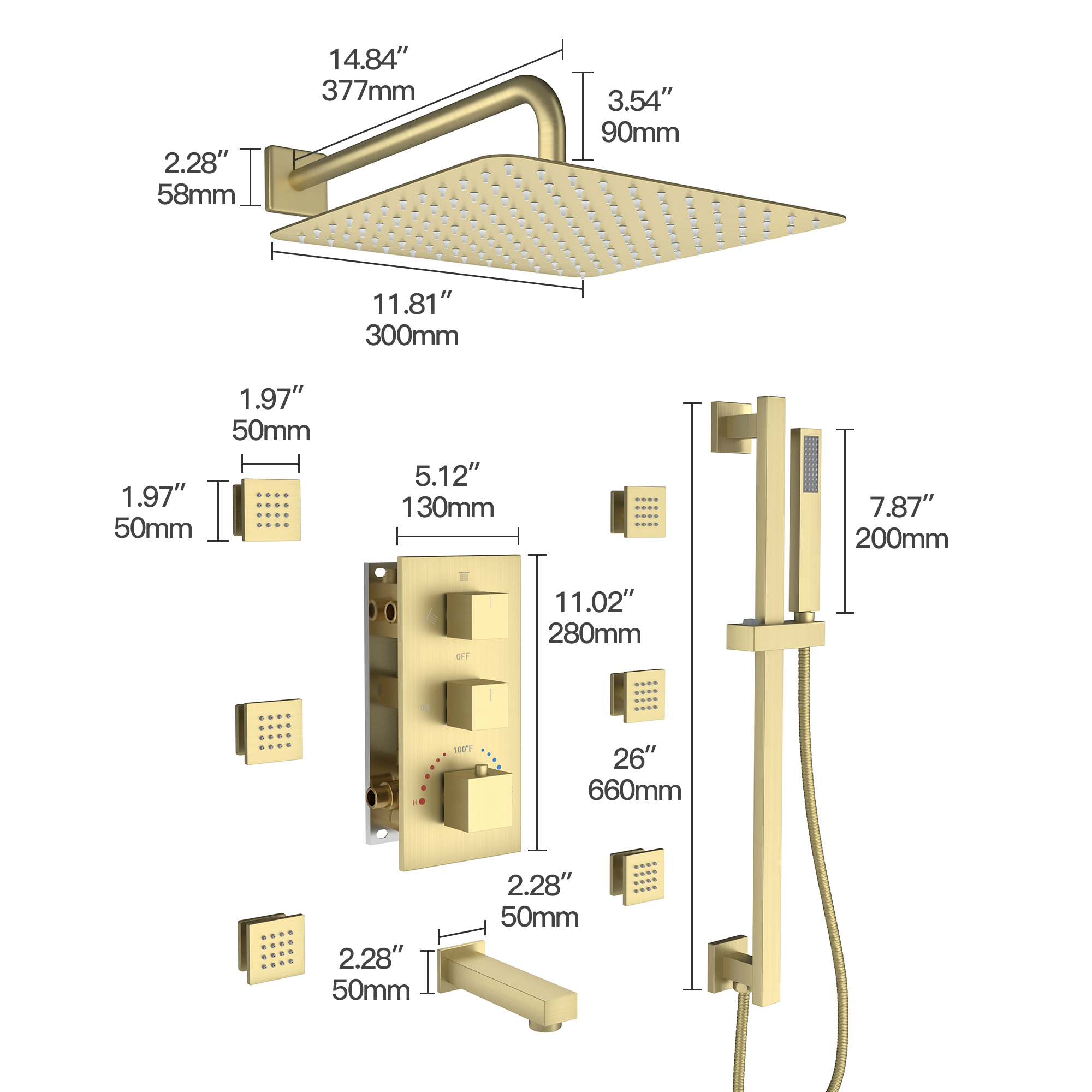 12" 4-Function Body Jet Shower System with Tub Spout & Slide Bar
