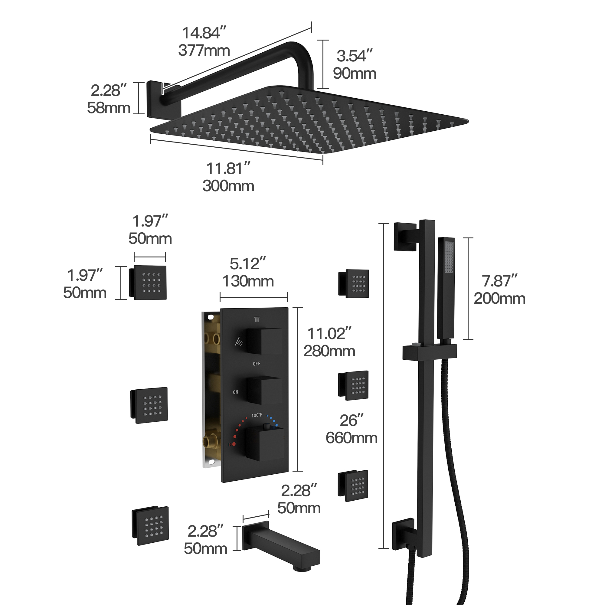 12" 4-Function Body Jet Shower System with Tub Spout & Slide Bar