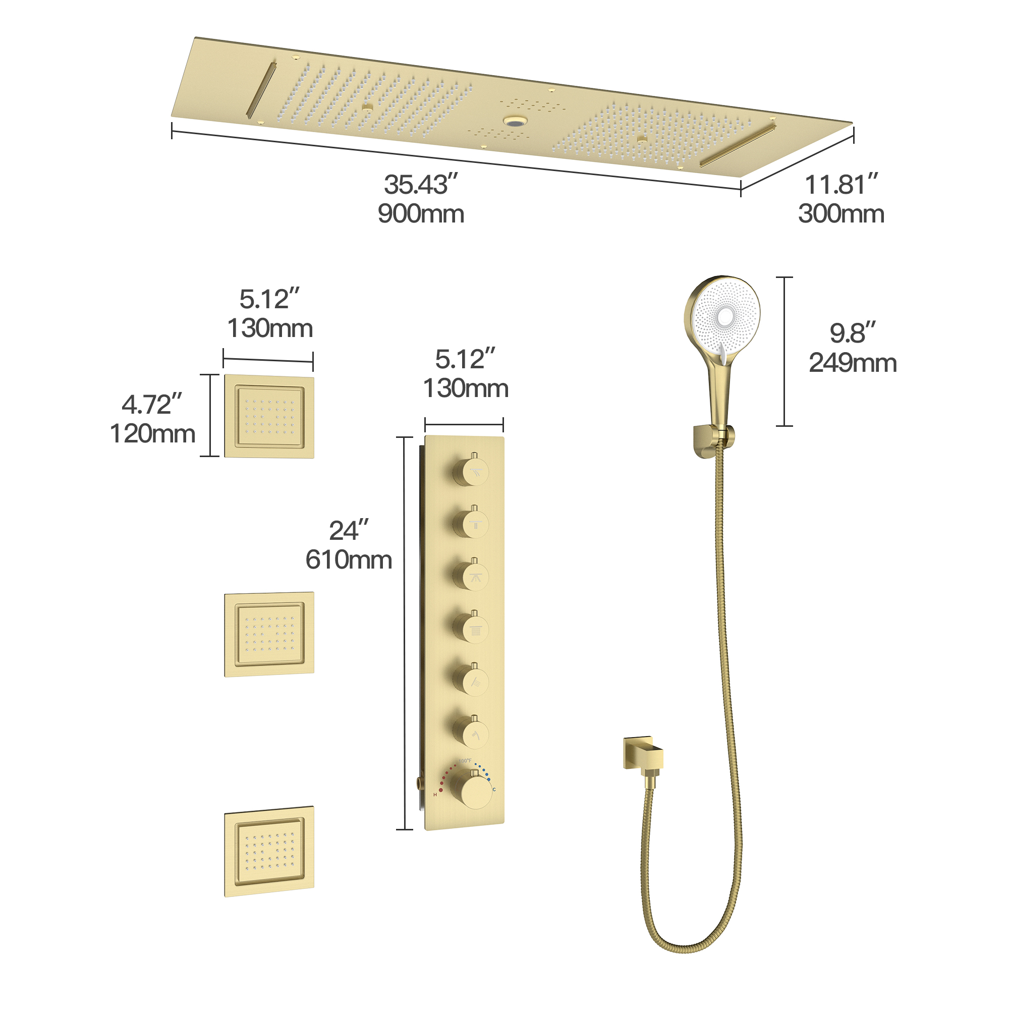 35" x 12" 6-Function Luxury Shower System with Body Jets & Bluetooth