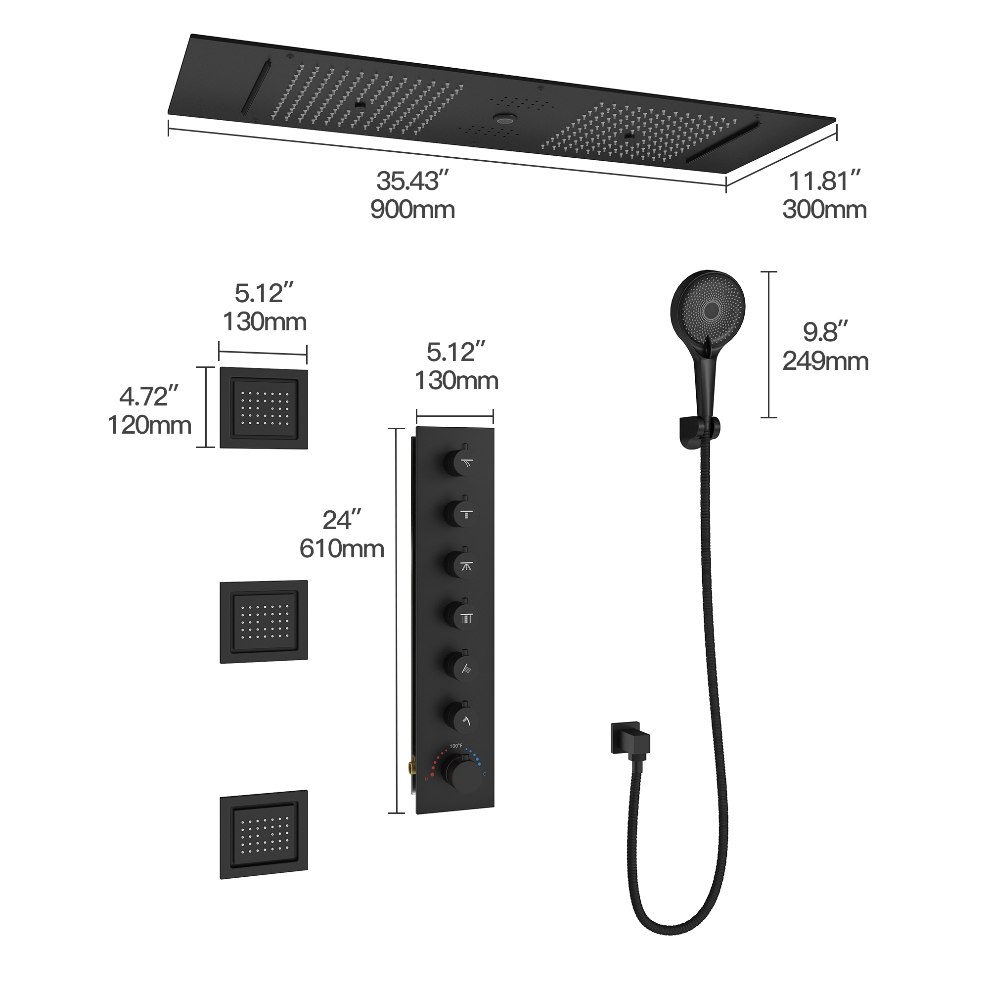 35" x 12" 6-Function Luxury Shower System with Body Jets & Bluetooth