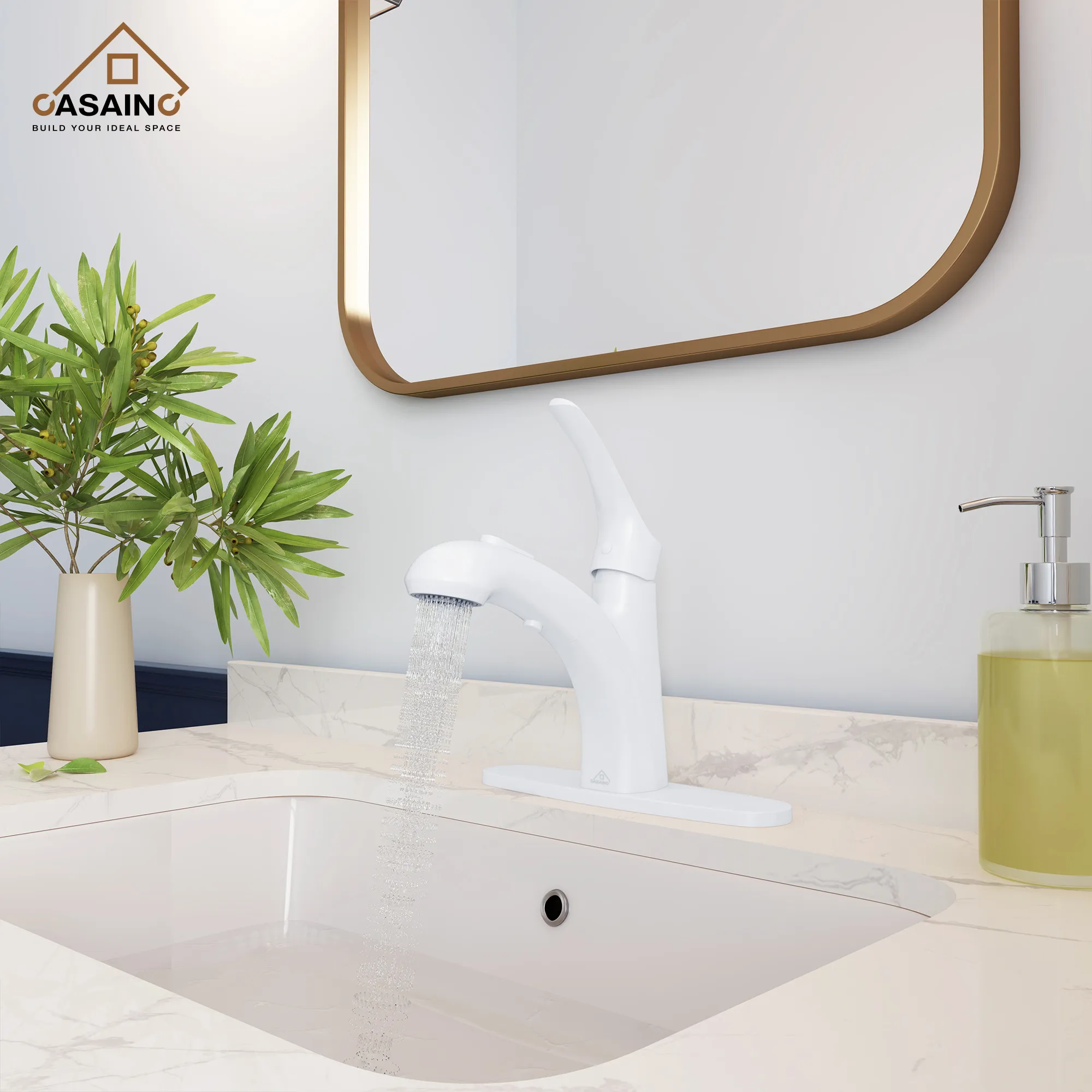 Matte White Luxury Bathroom Faucet in Small Bathroom with Brushed Gold Statement Mirror