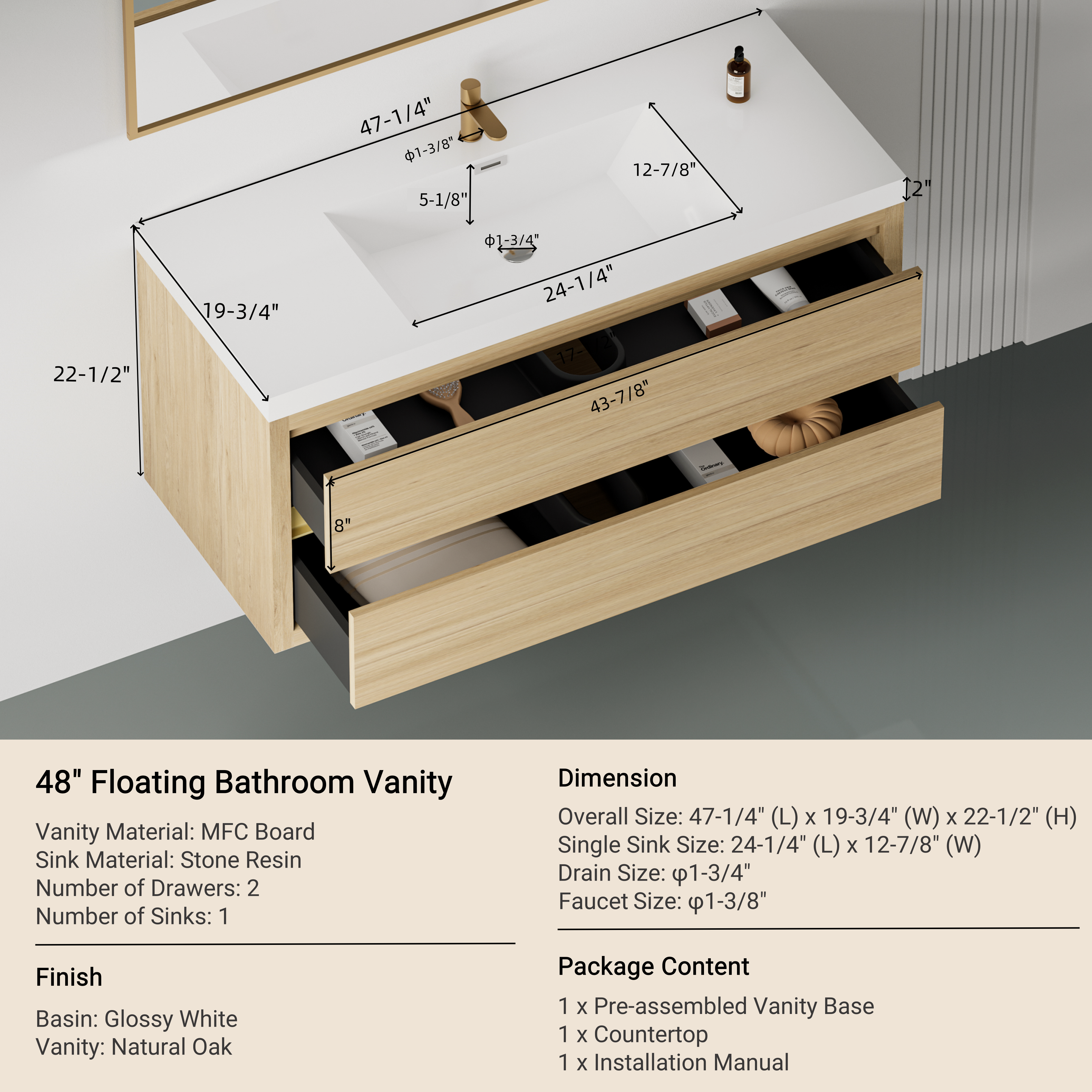 48-inch Floating Bathroom Vanity with Sink Wall-Mounted Bathroom Cabinet
