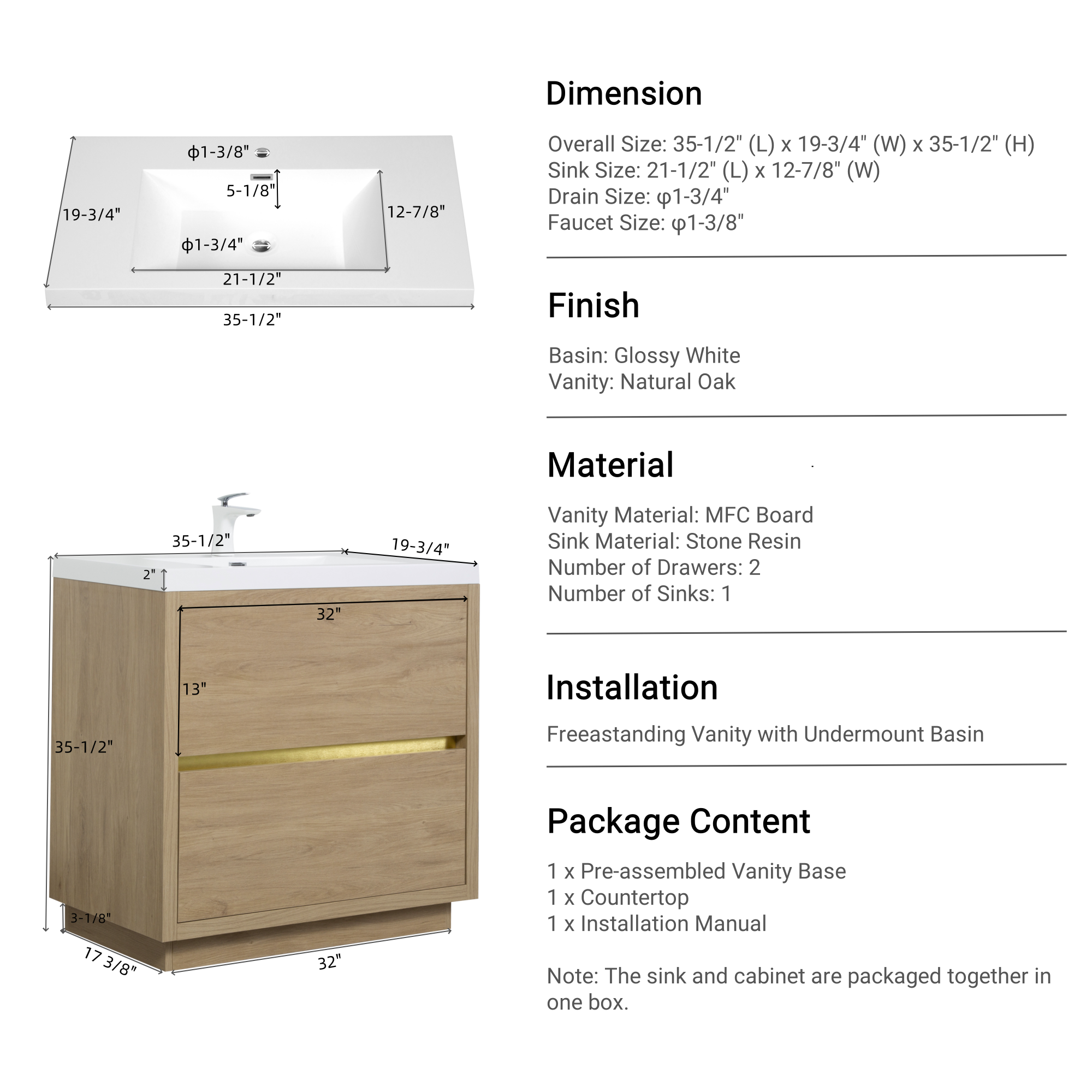 36-inch Freestanding Bathroom Vanity with Stone Resin Sink and 2 Drawers