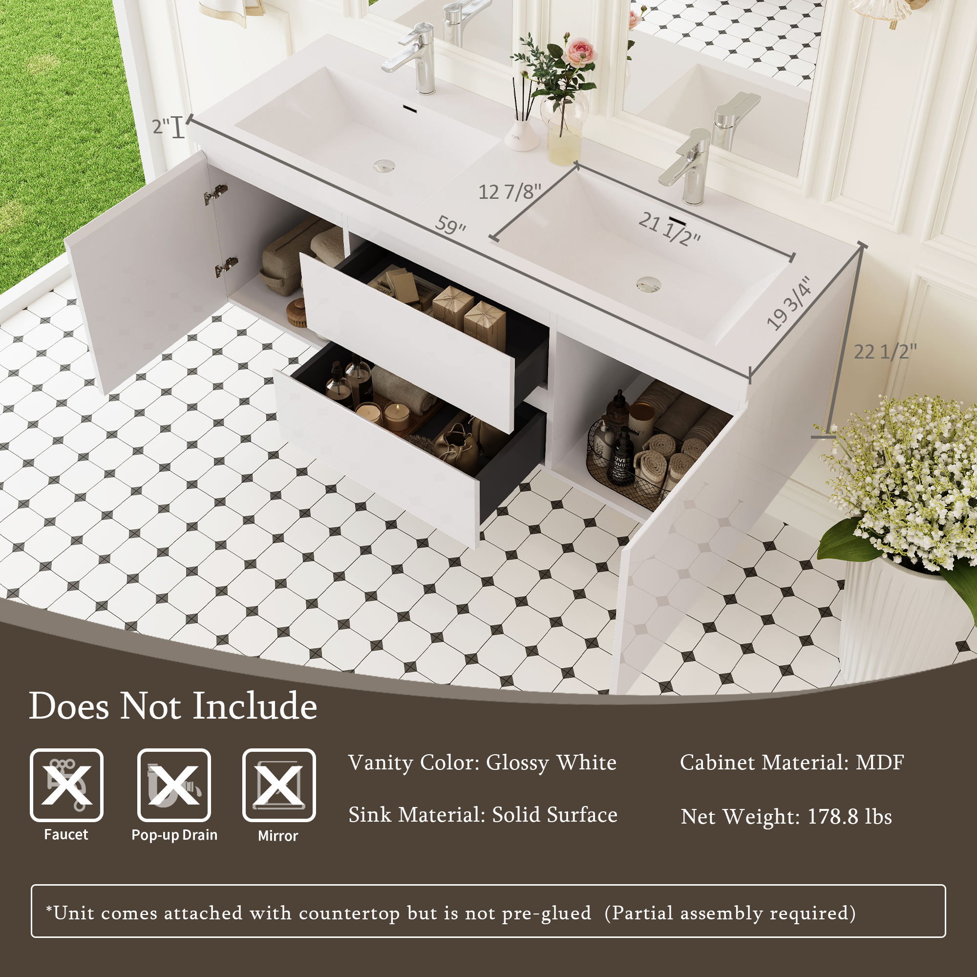 60-inch Wall-Mounted Bathroom Vanity with Resin Sink and Soft-Close Drawers