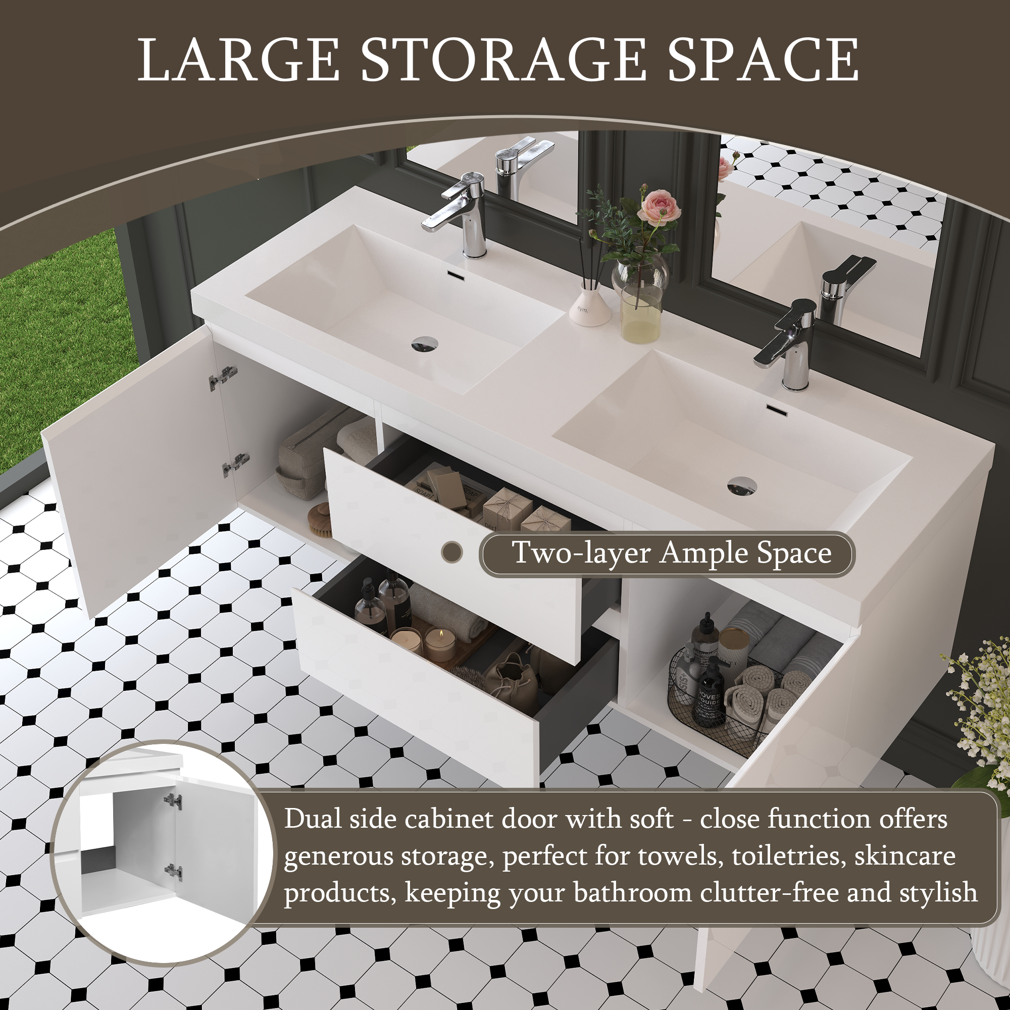 60-inch Wall-Mounted Bathroom Vanity with Resin Sink and Soft-Close Drawers