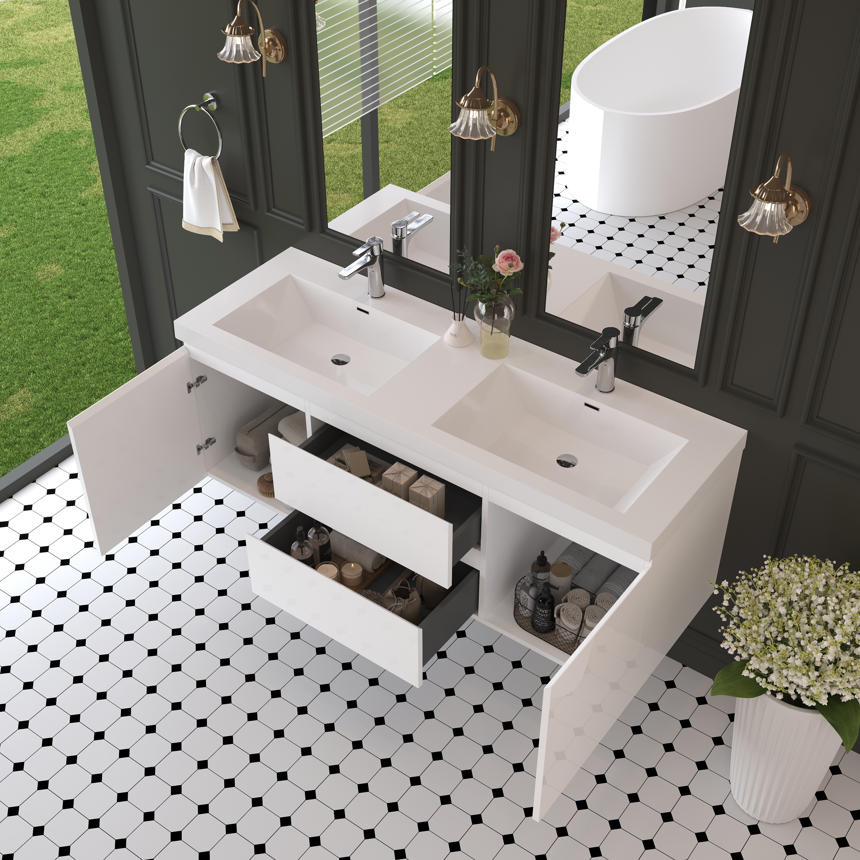 60-inch Wall-Mounted Bathroom Vanity with Resin Sink and Soft-Close Drawers