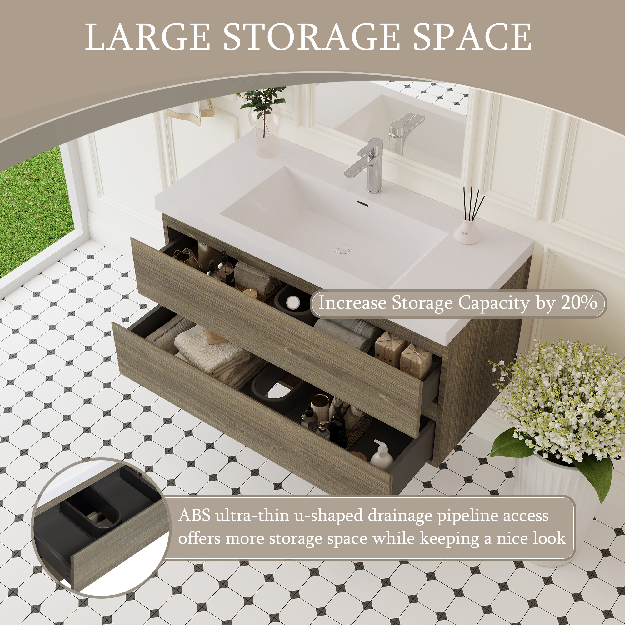 42-inch Wall-Mounted Bathroom Vanity with Sink and Storage Cabinet