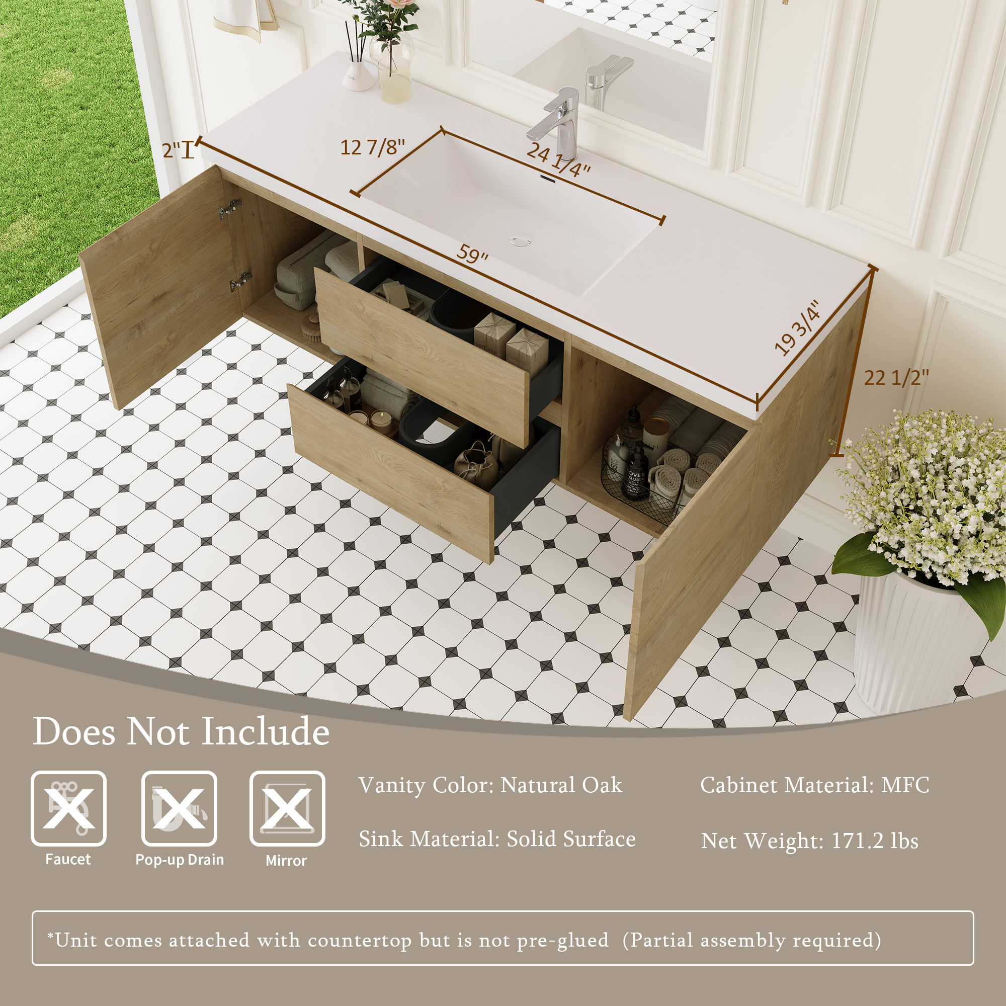 60-inch Wall-Mounted Bathroom Vanity with Resin Sink and Soft-Close Drawers