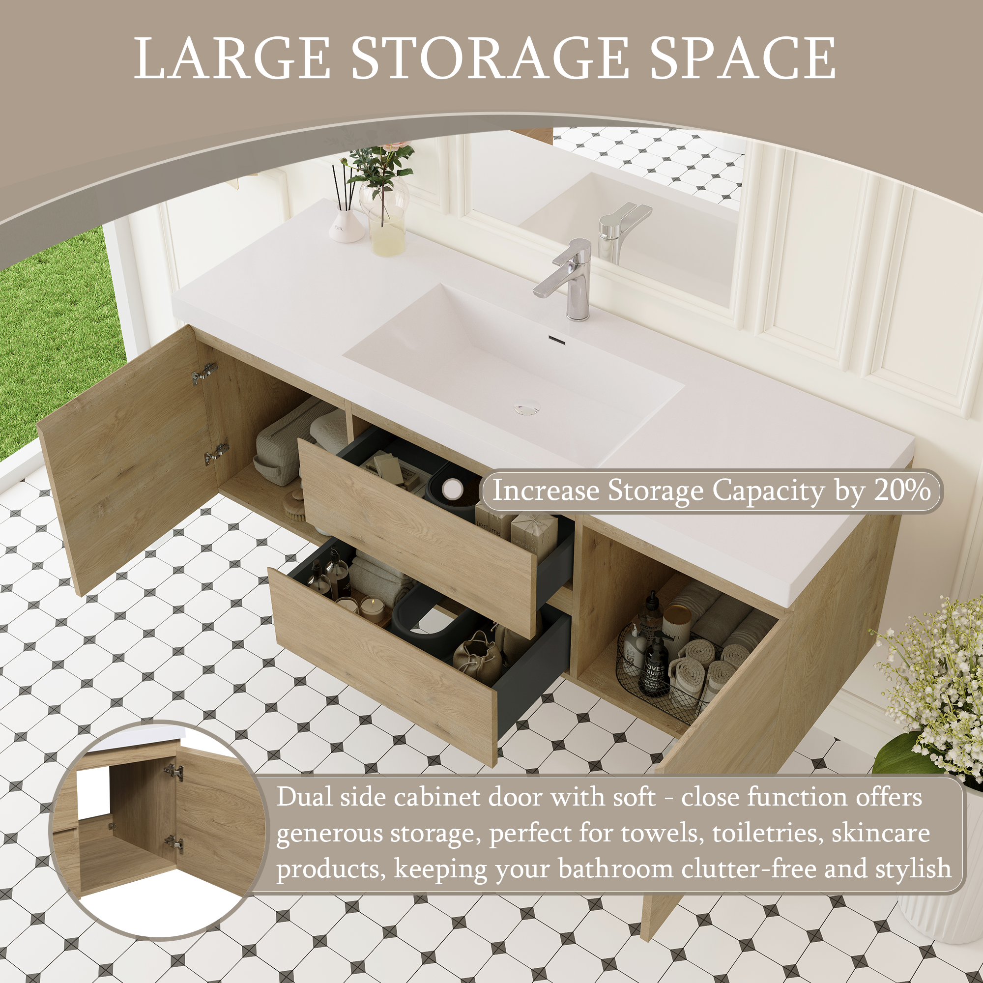 60-inch Wall-Mounted Bathroom Vanity with Resin Sink and Soft-Close Drawers