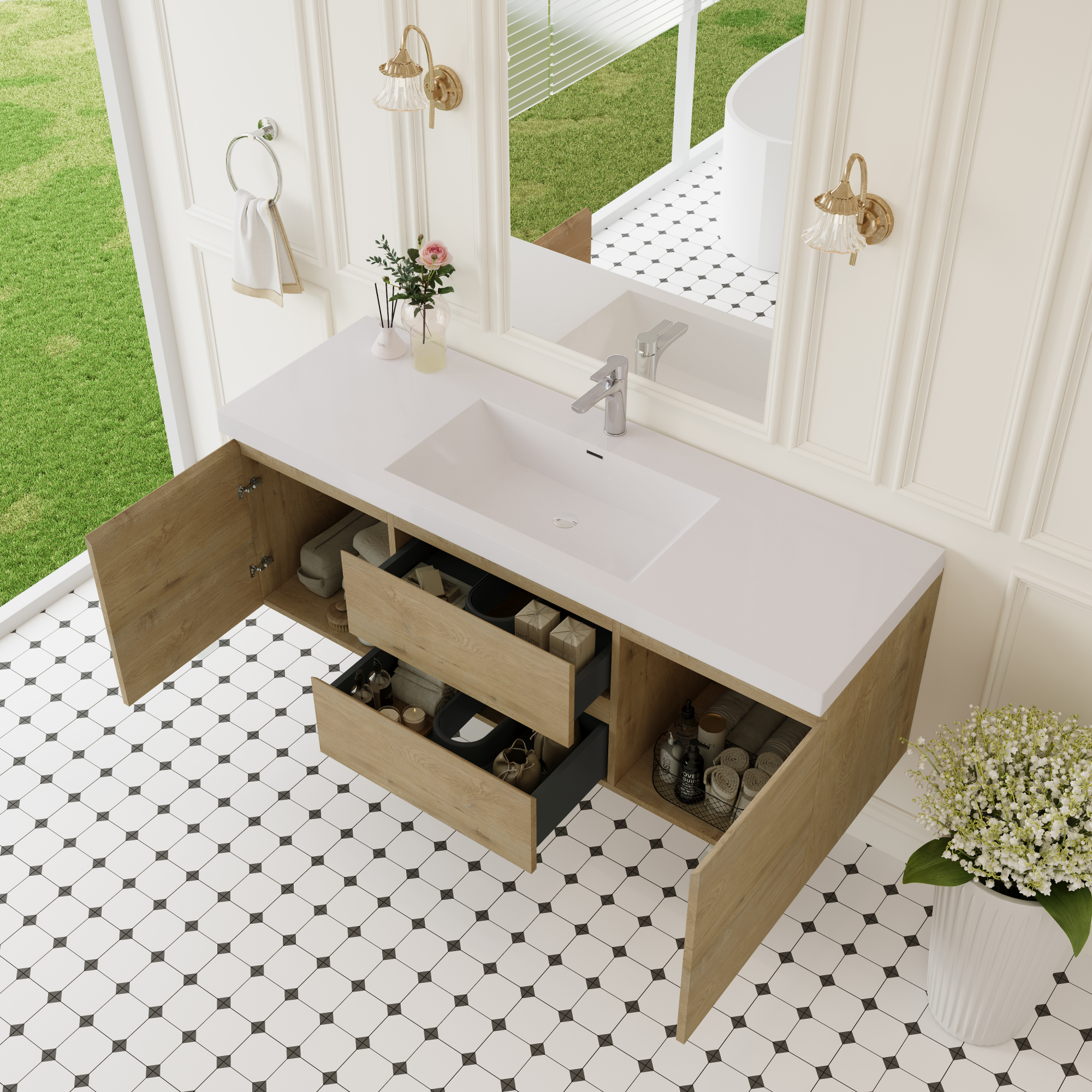 60-inch Wall-Mounted Bathroom Vanity with Resin Sink and Soft-Close Drawers