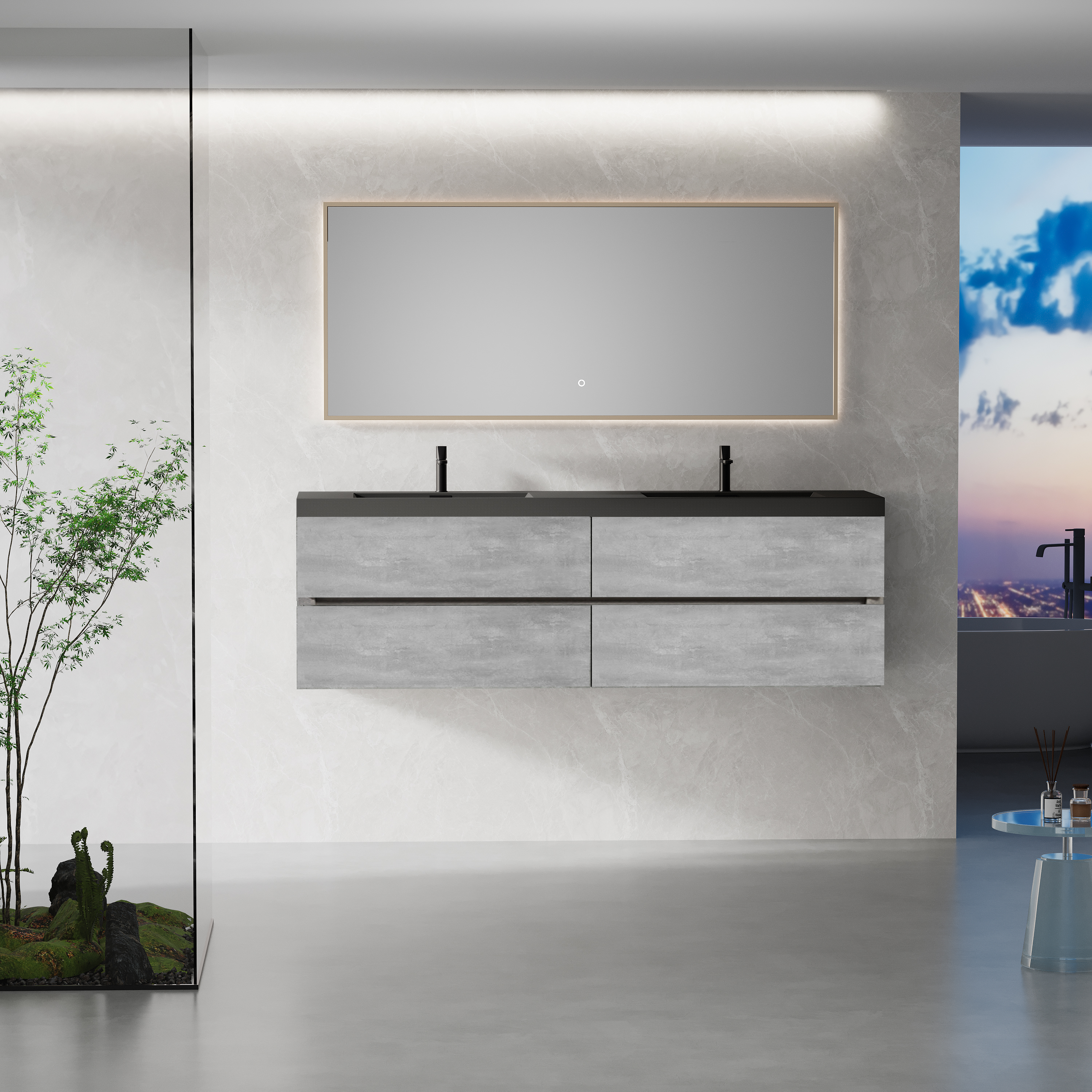 72-inch Wall-Mounted Bathroom Vanity with Double Black Quartz Basins