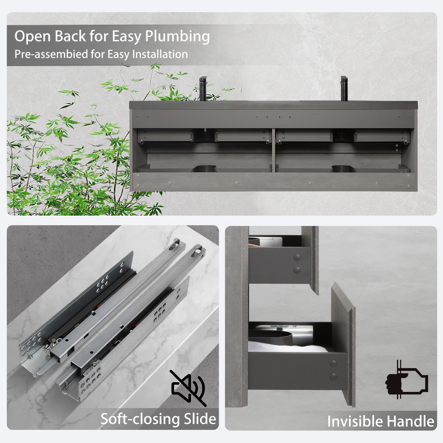 72-inch Wall-Mounted Bathroom Vanity with Double Black Quartz Basins