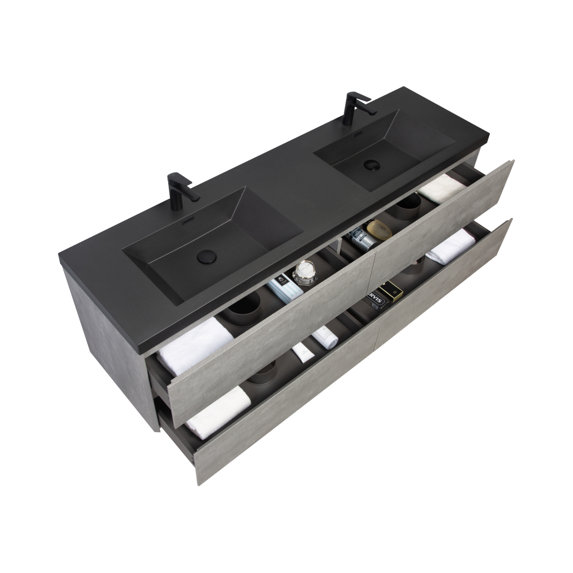 72-inch Wall-Mounted Bathroom Vanity with Double Black Quartz Basins