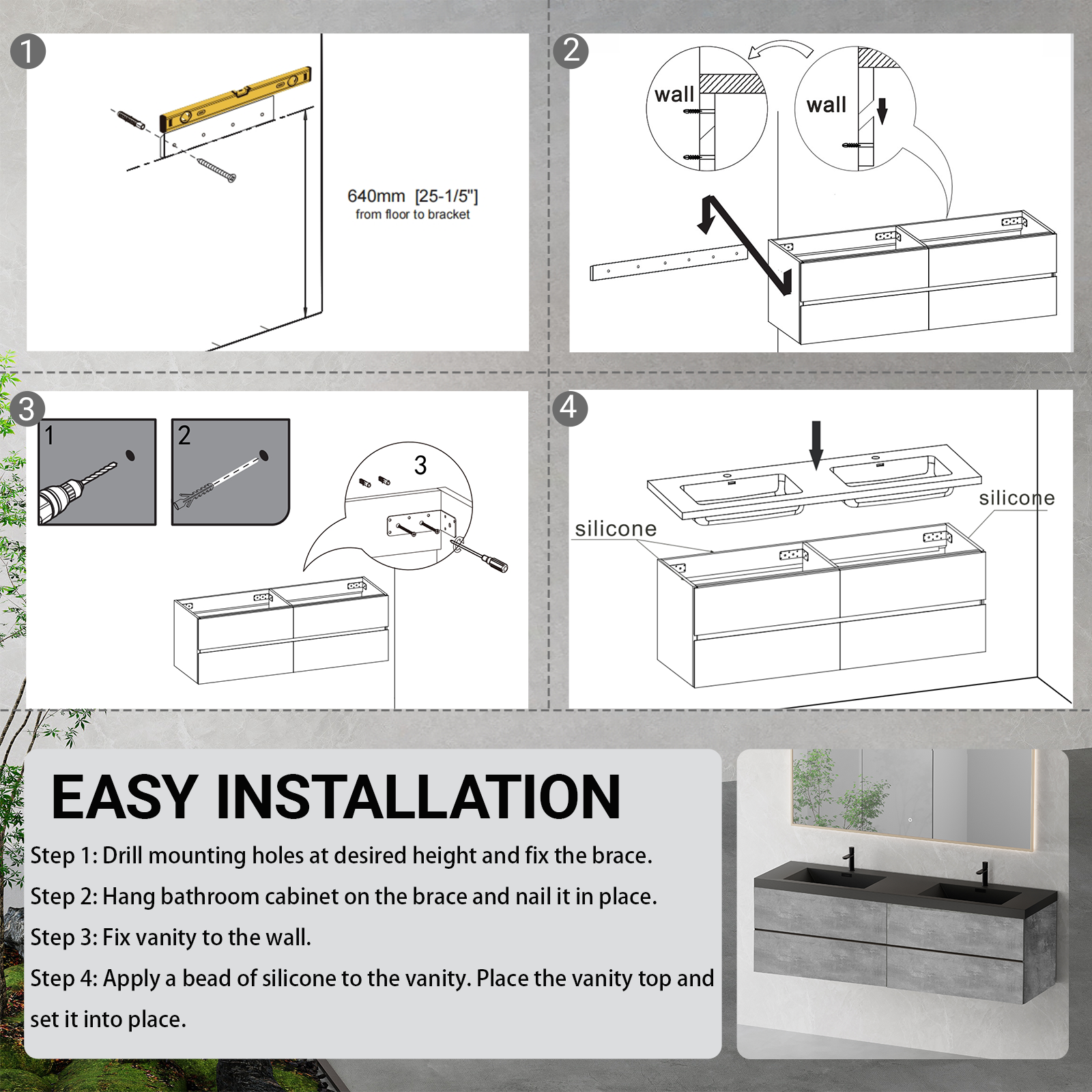 72-inch Wall-Mounted Bathroom Vanity with Double Black Quartz Basins