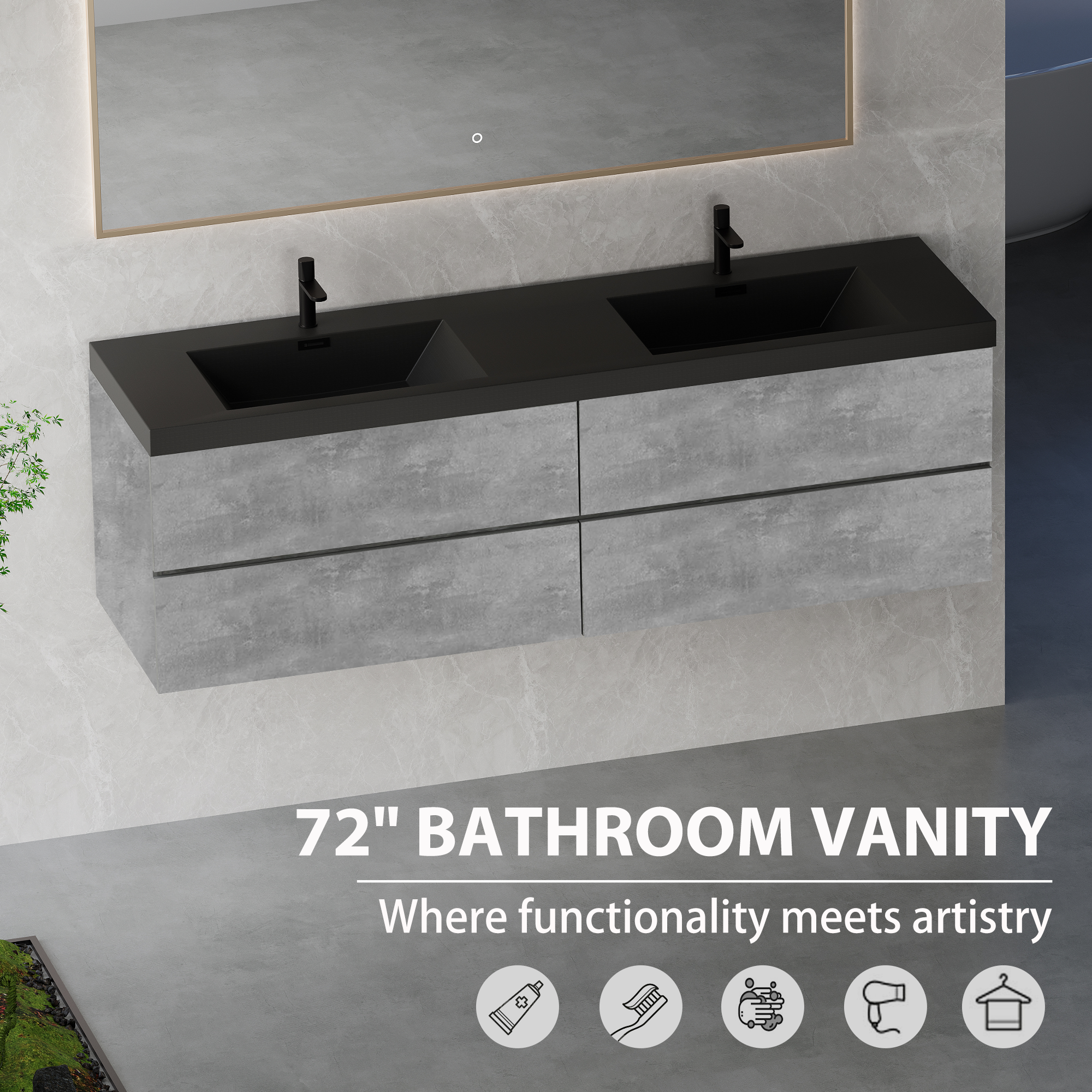 72-inch Wall-Mounted Bathroom Vanity with Double Black Quartz Basins