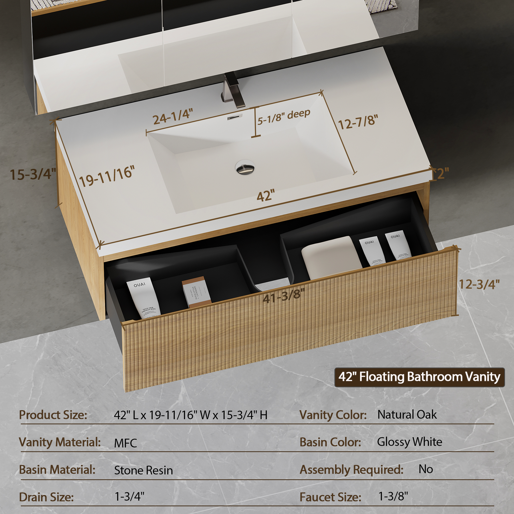 42-inch Wall-Mounted Bathroom Vanity with Wave Texture and Single Sink