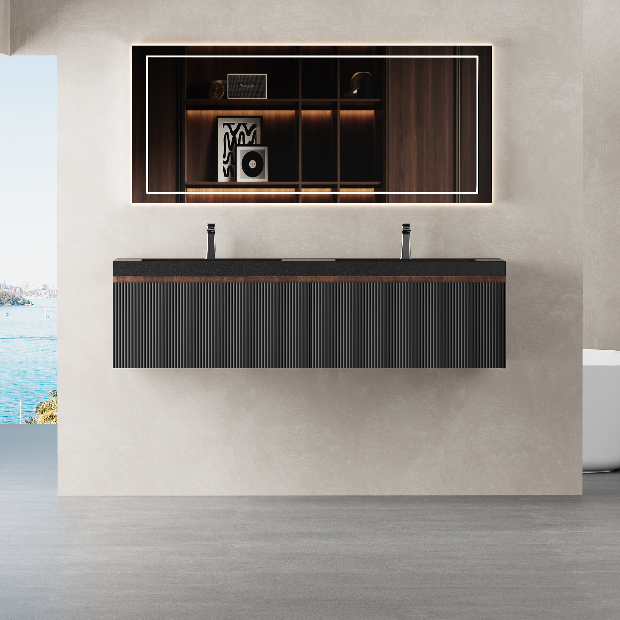 60-inch Wall-Mounted Bathroom Vanity with Dual Quartz Basins
