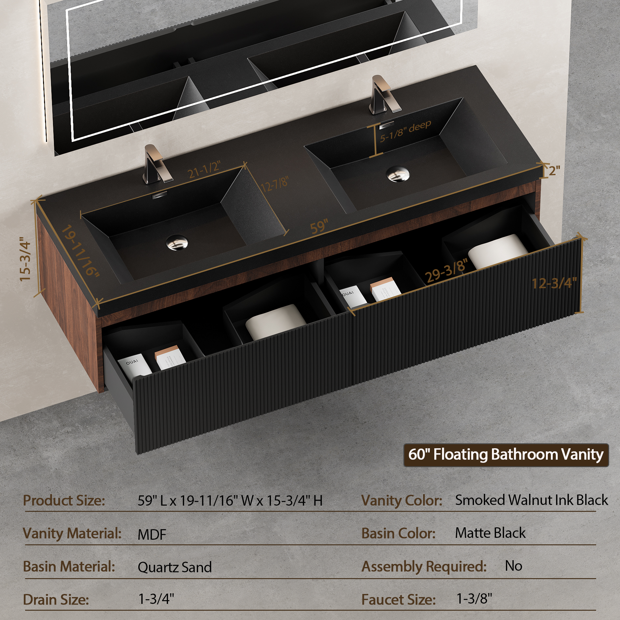 60-inch Wall-Mounted Bathroom Vanity with Dual Quartz Basins