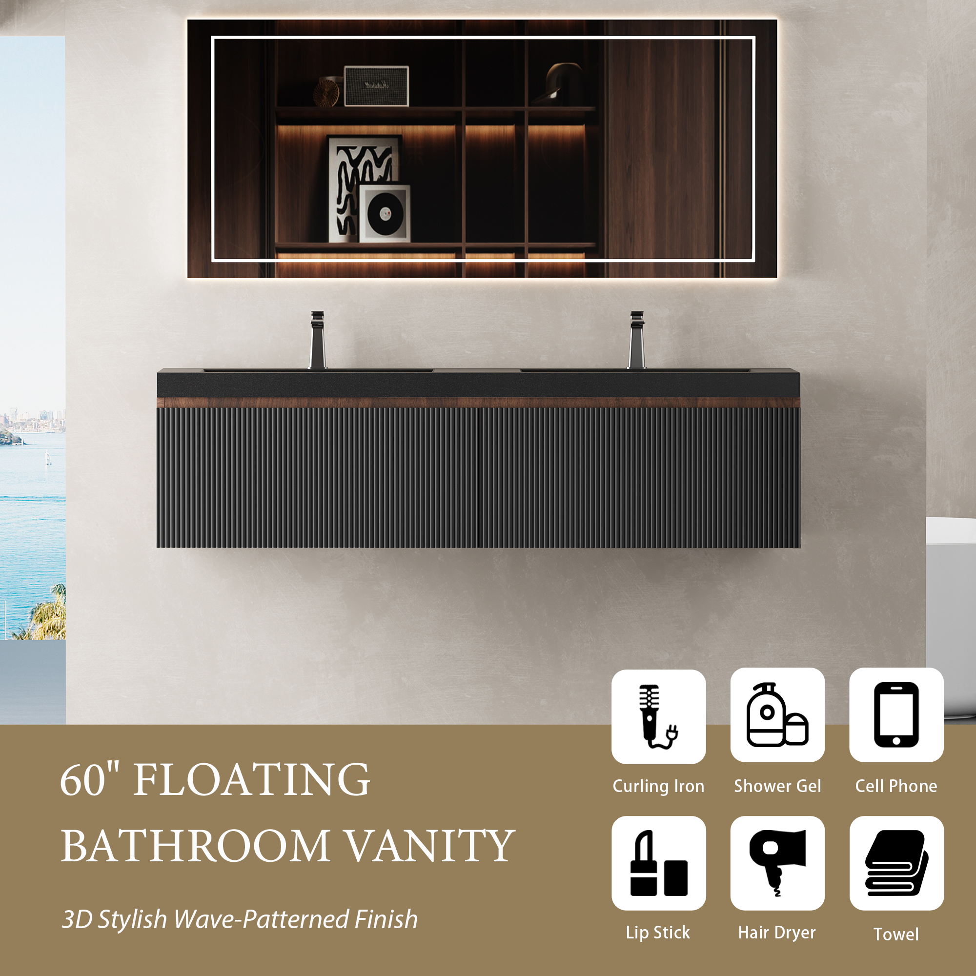 60-inch Wall-Mounted Bathroom Vanity with Dual Quartz Basins