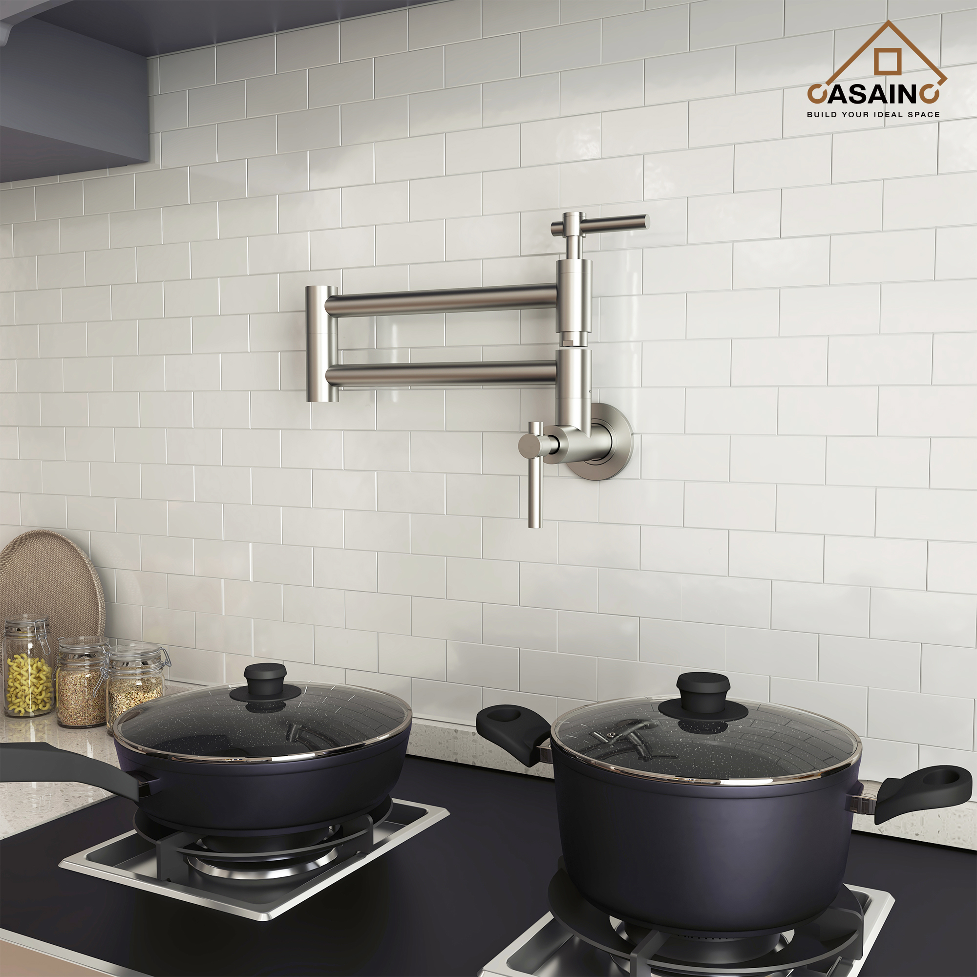 Stainless Steel Folding 2-Handle Switch Head Wall Mounted Pot Filler Kitchen Faucet