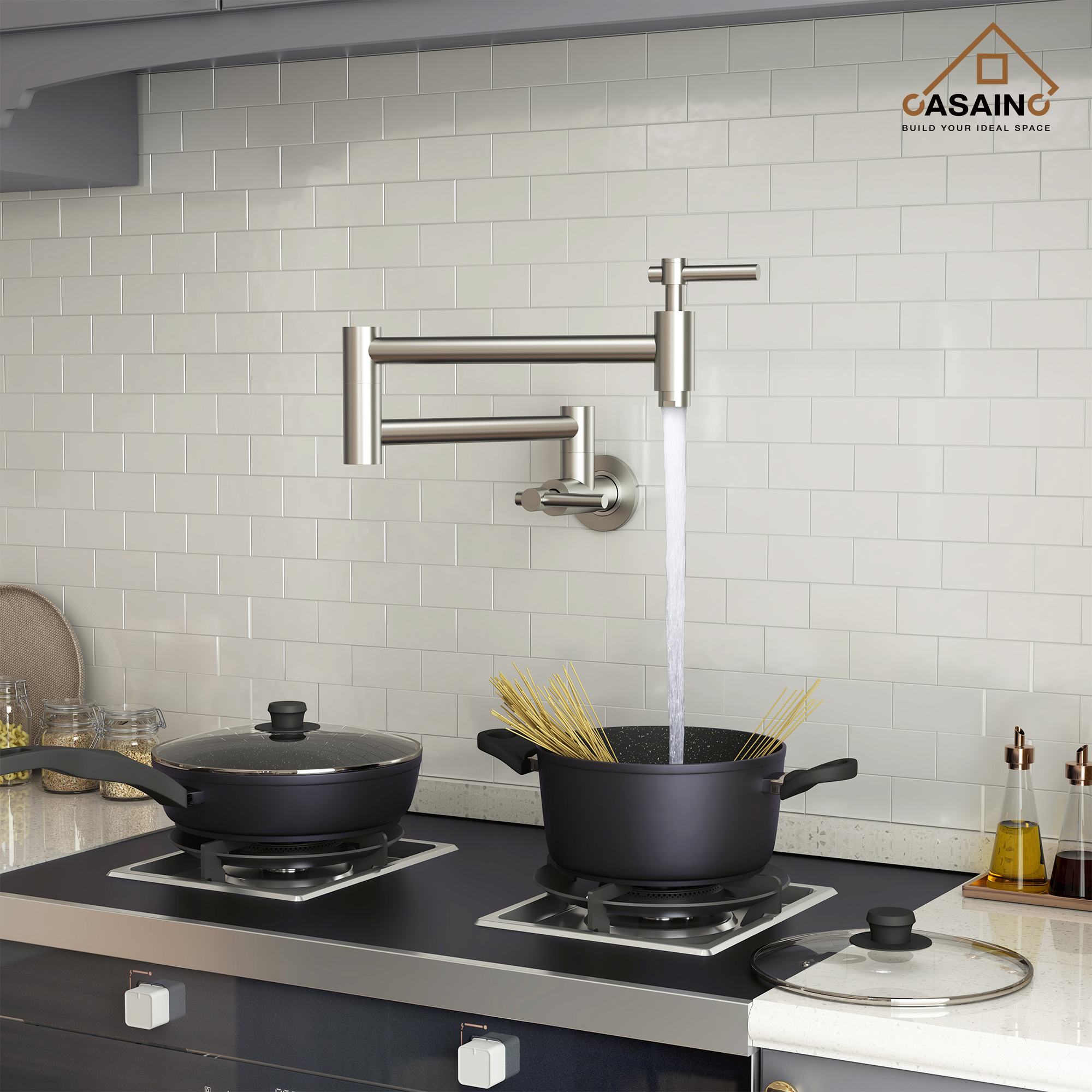 Stainless Steel Folding 2-Handle Switch Head Wall Mounted Pot Filler Kitchen Faucet