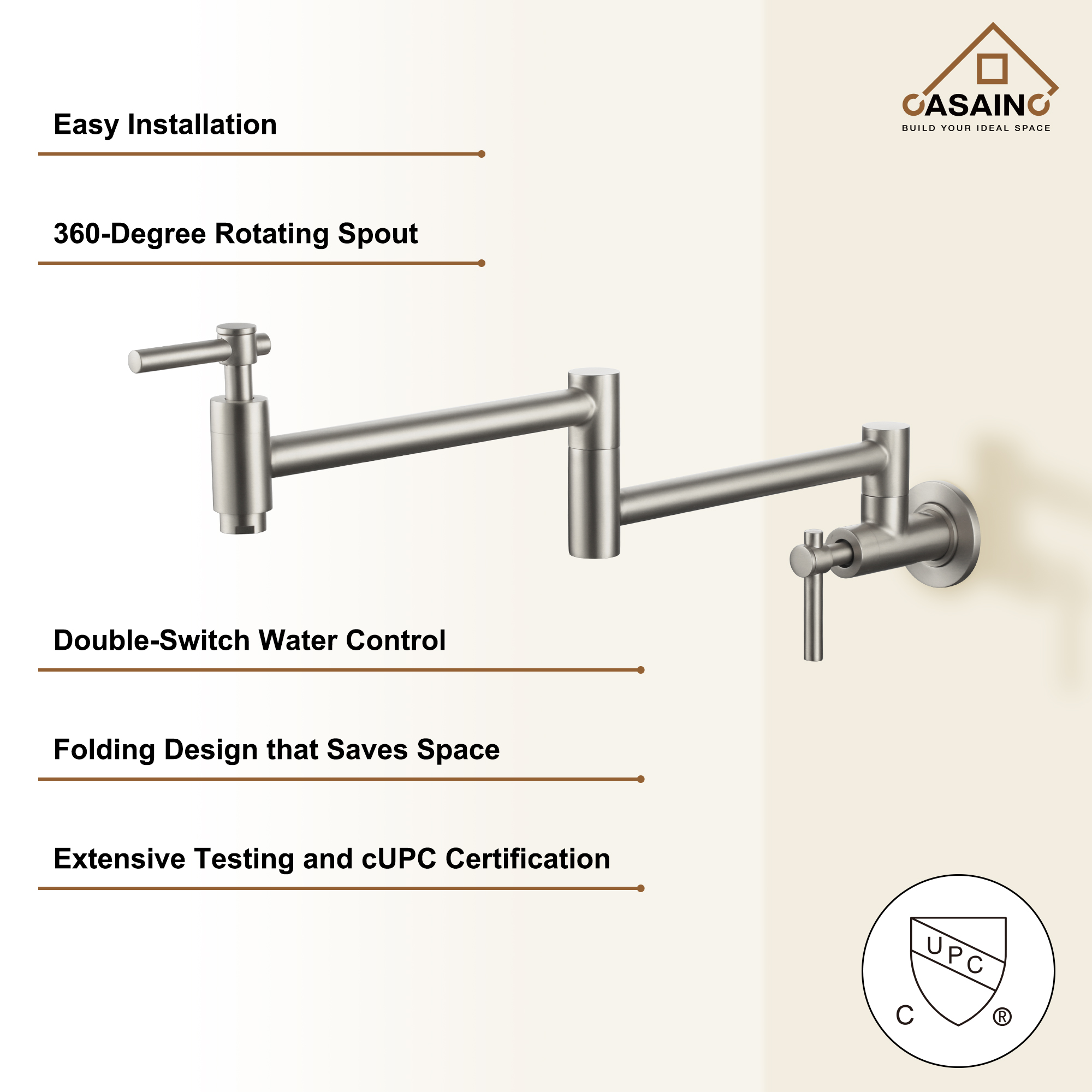 Stainless Steel Folding 2-Handle Switch Head Wall Mounted Pot Filler Kitchen Faucet