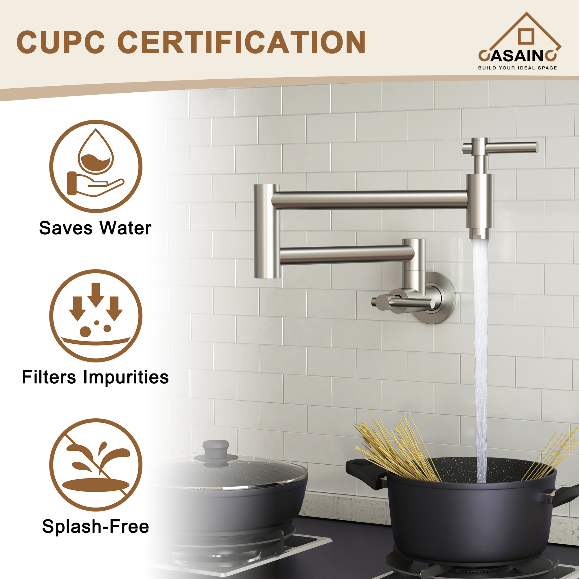 Stainless Steel Folding 2-Handle Switch Head Wall Mounted Pot Filler Kitchen Faucet