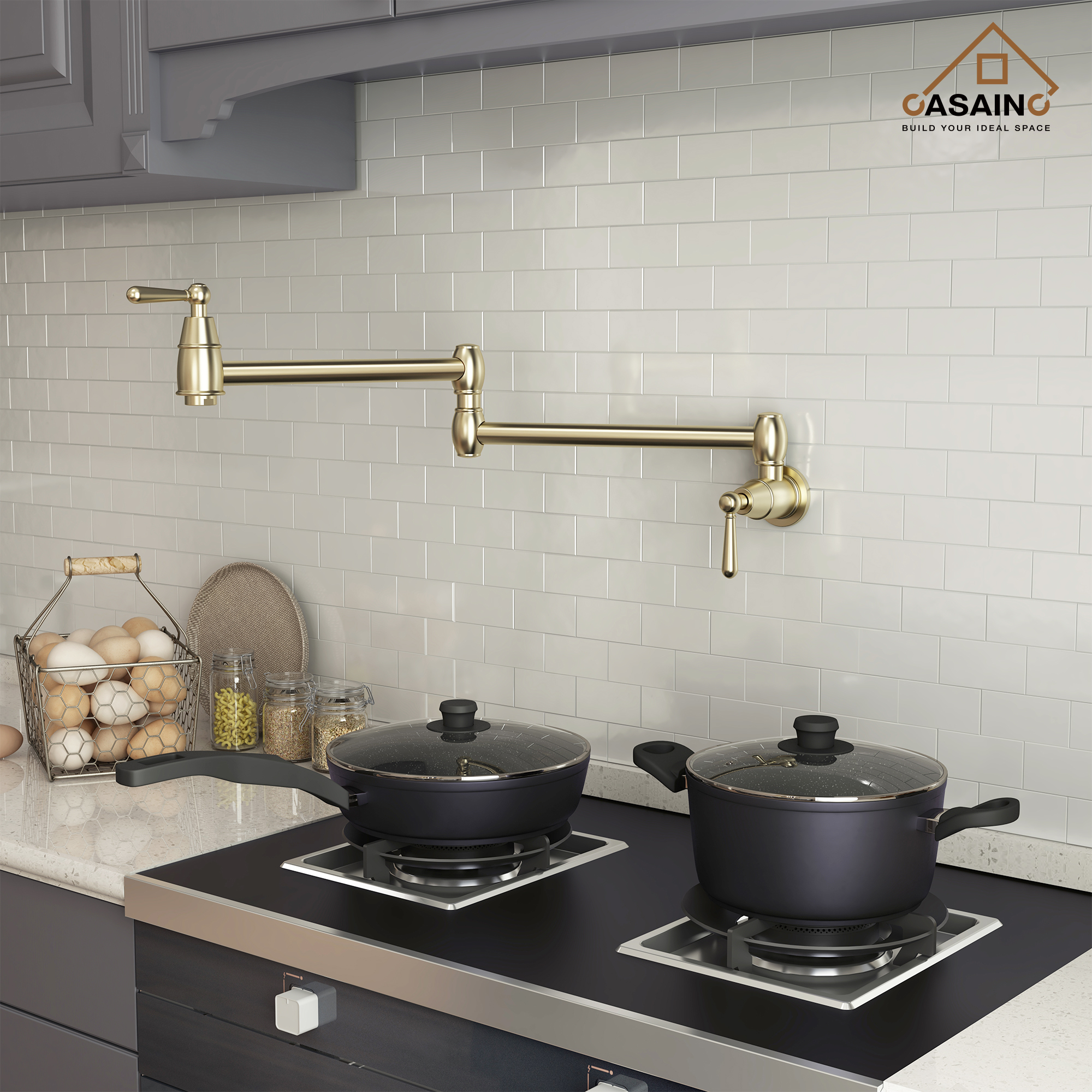 Stainless Steel 2-Handle Pot Filler Kitchen Faucet Wall Mount