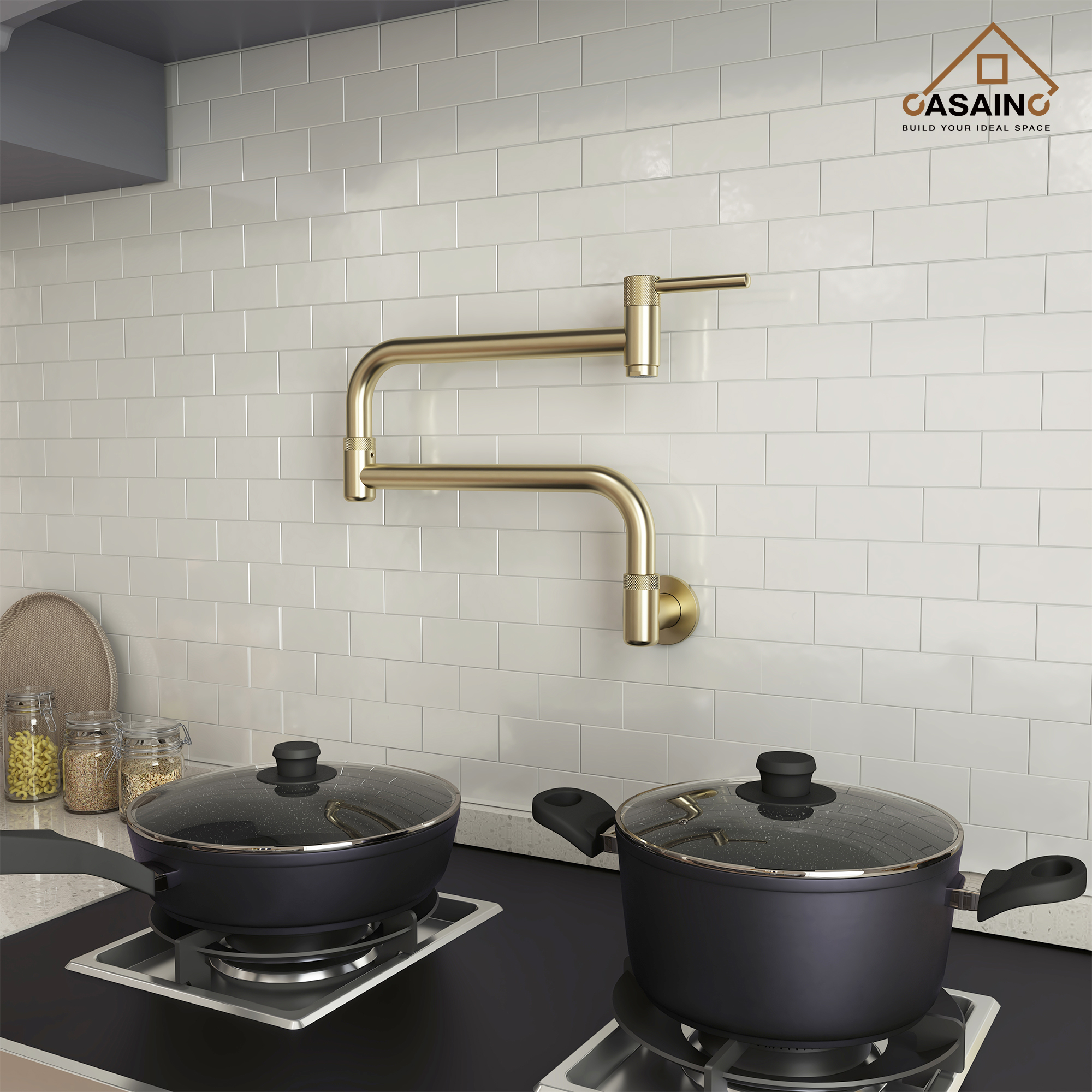 Wall-Mount Pot Filler Kitchen Faucet with Adjustable Folding Arm