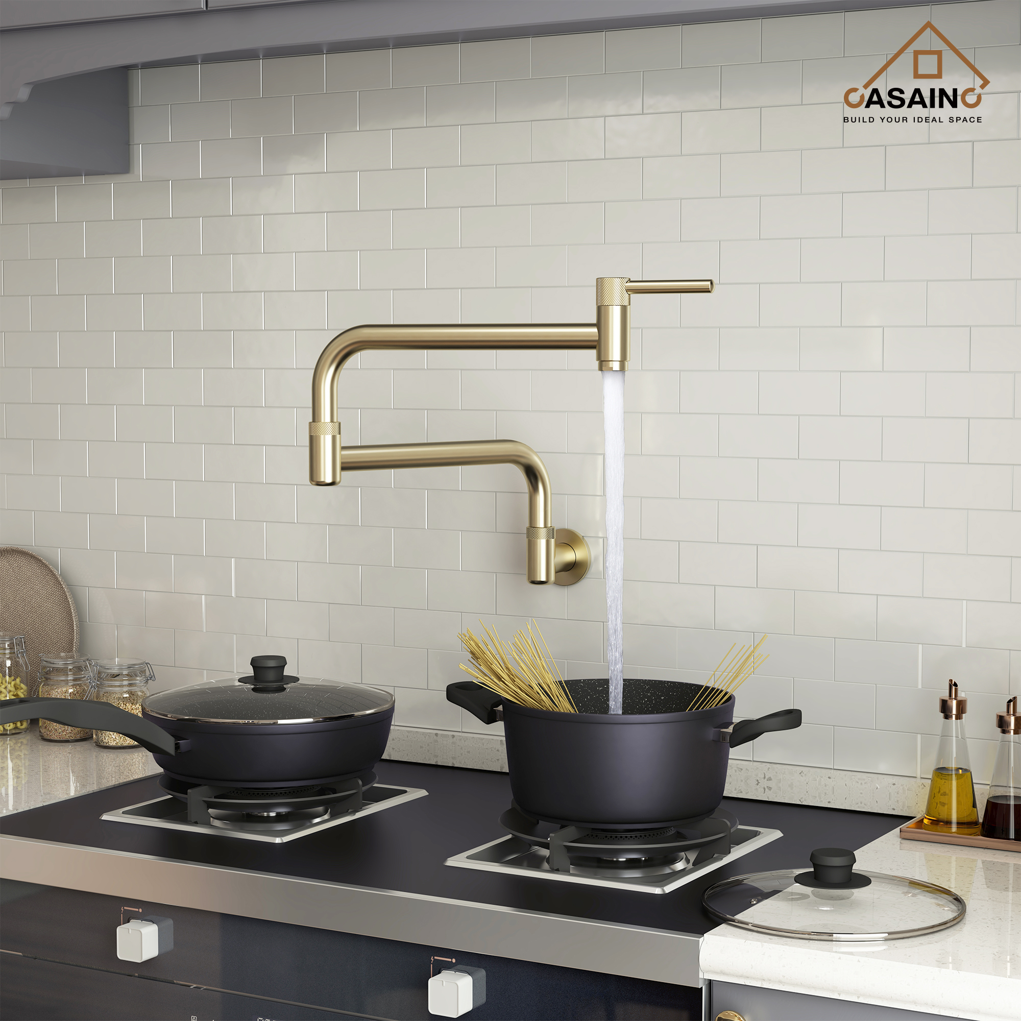 Wall-Mount Pot Filler Kitchen Faucet with Adjustable Folding Arm