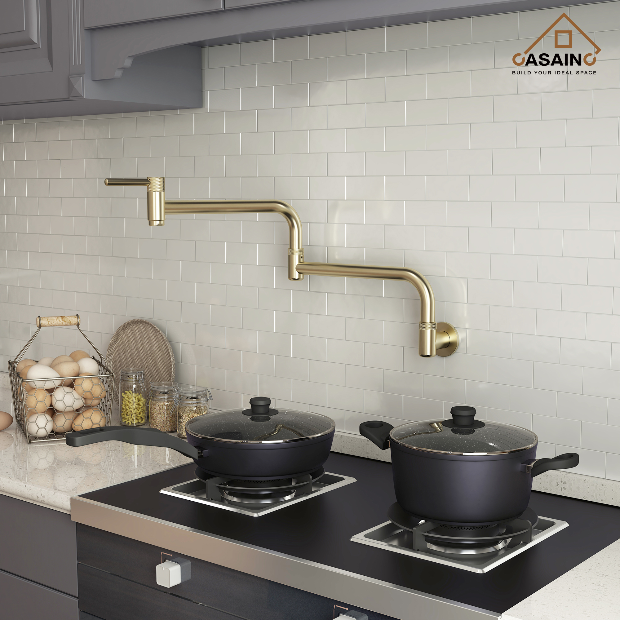 Wall-Mount Pot Filler Kitchen Faucet with Adjustable Folding Arm