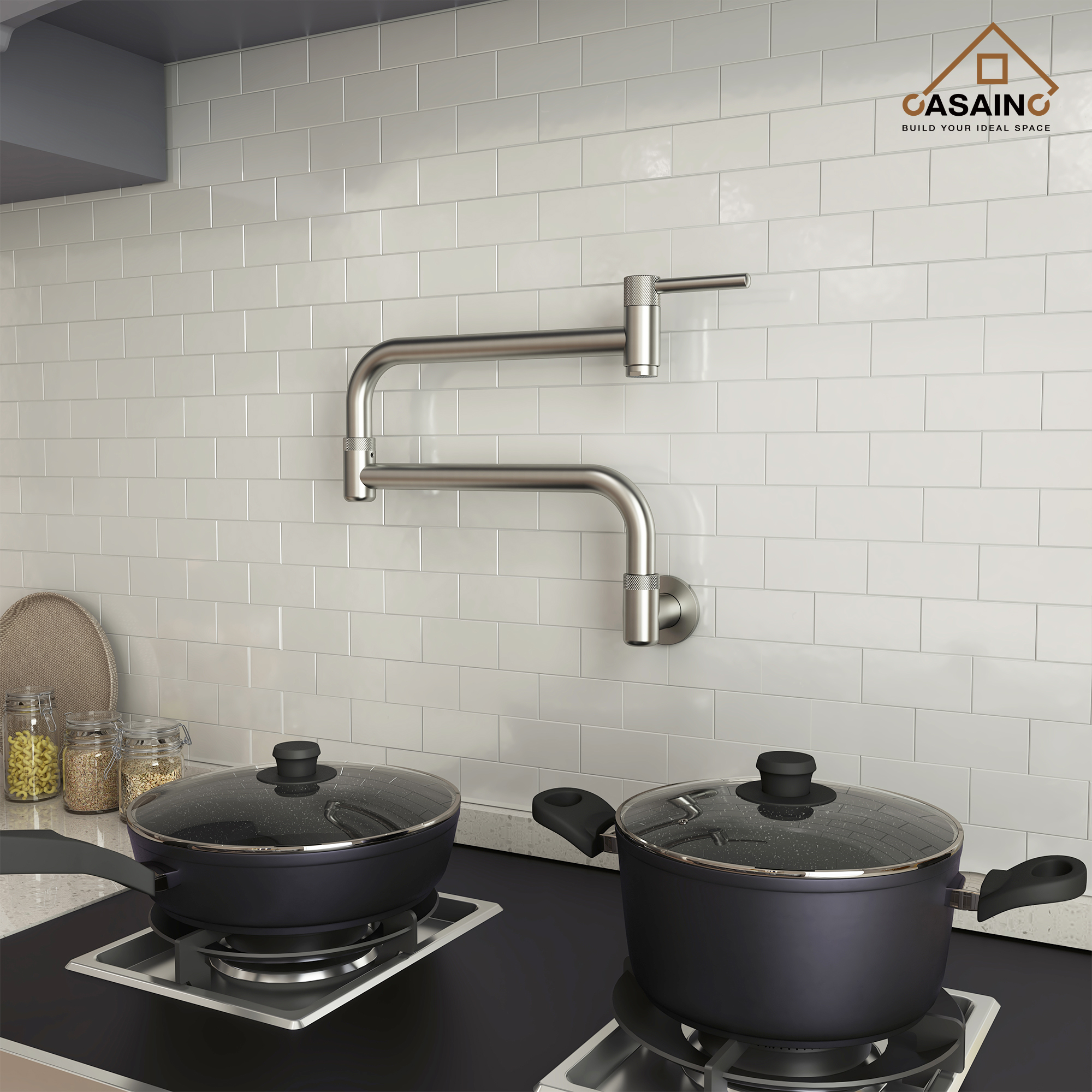 Wall-Mount Pot Filler Kitchen Faucet with Adjustable Folding Arm