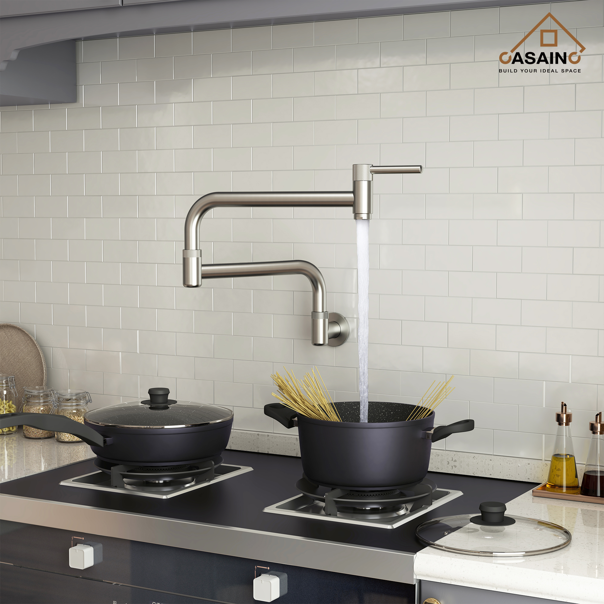 Wall-Mount Pot Filler Kitchen Faucet with Adjustable Folding Arm
