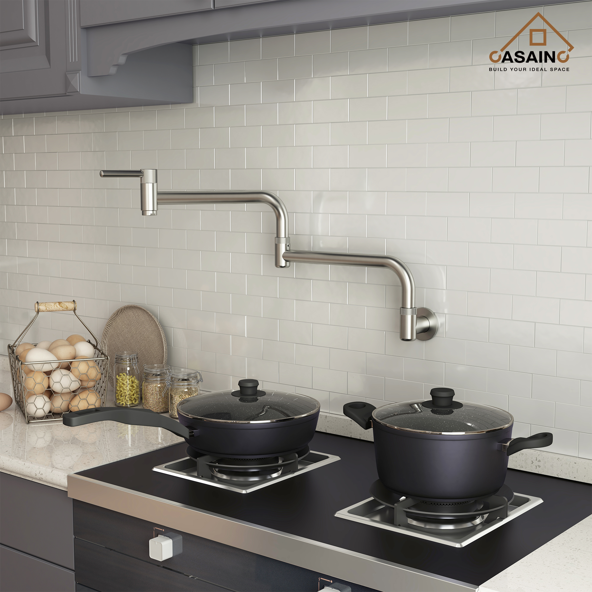 Wall-Mount Pot Filler Kitchen Faucet with Adjustable Folding Arm