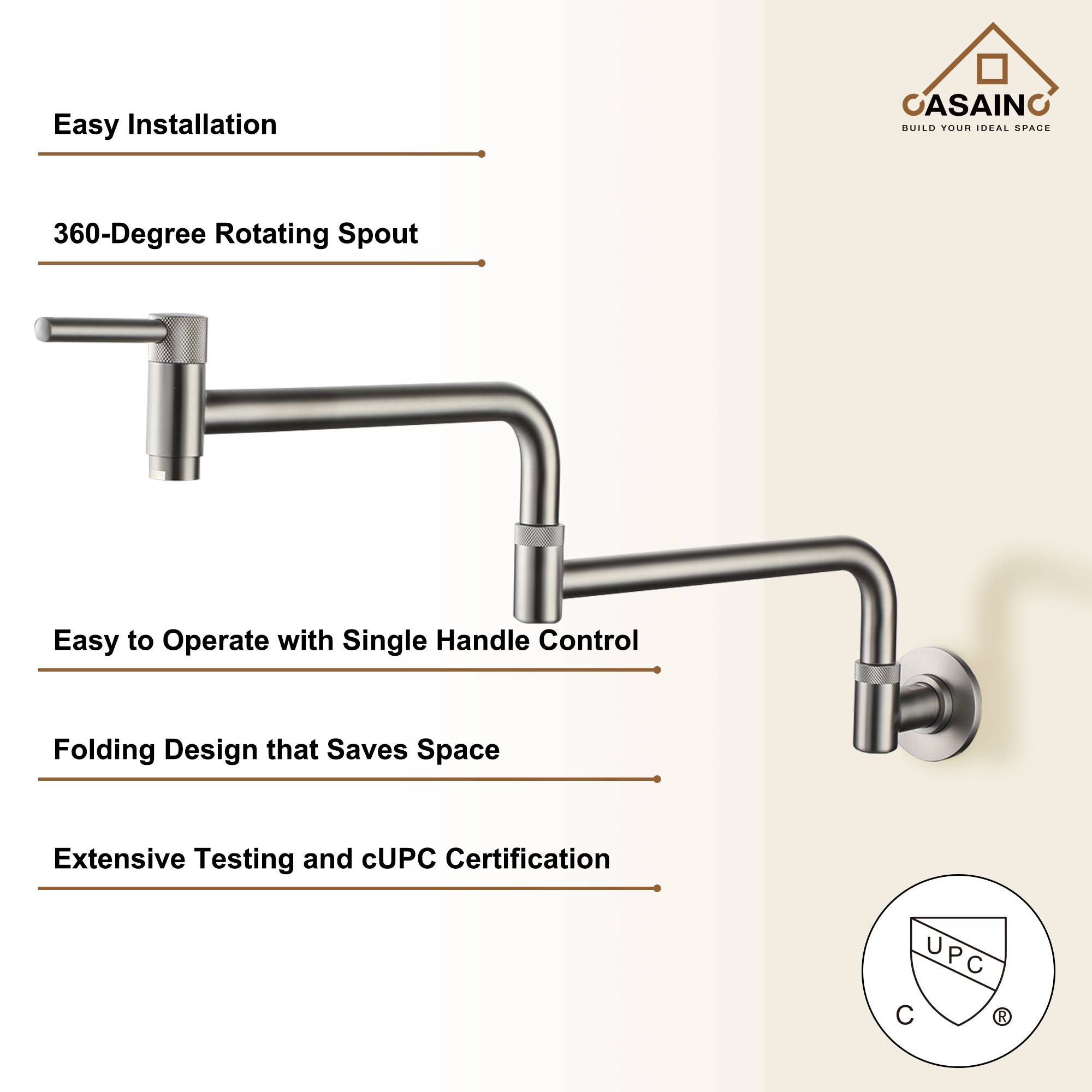 Wall-Mount Pot Filler Kitchen Faucet with Adjustable Folding Arm