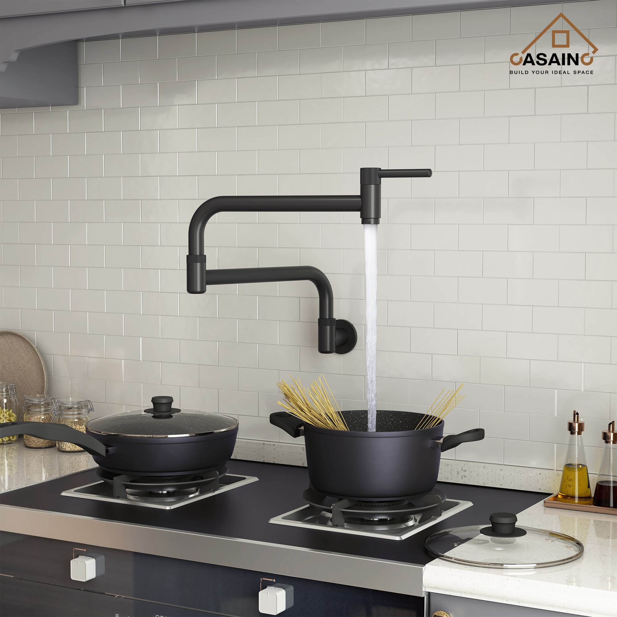 Wall-Mount Pot Filler Kitchen Faucet with Adjustable Folding Arm