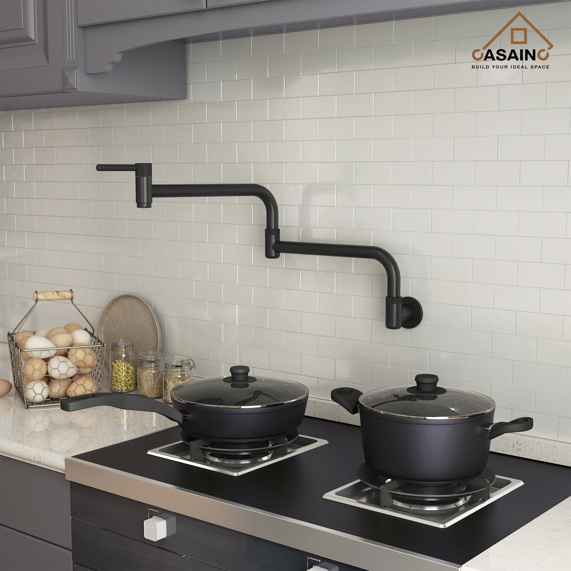 Wall-Mount Pot Filler Kitchen Faucet with Adjustable Folding Arm