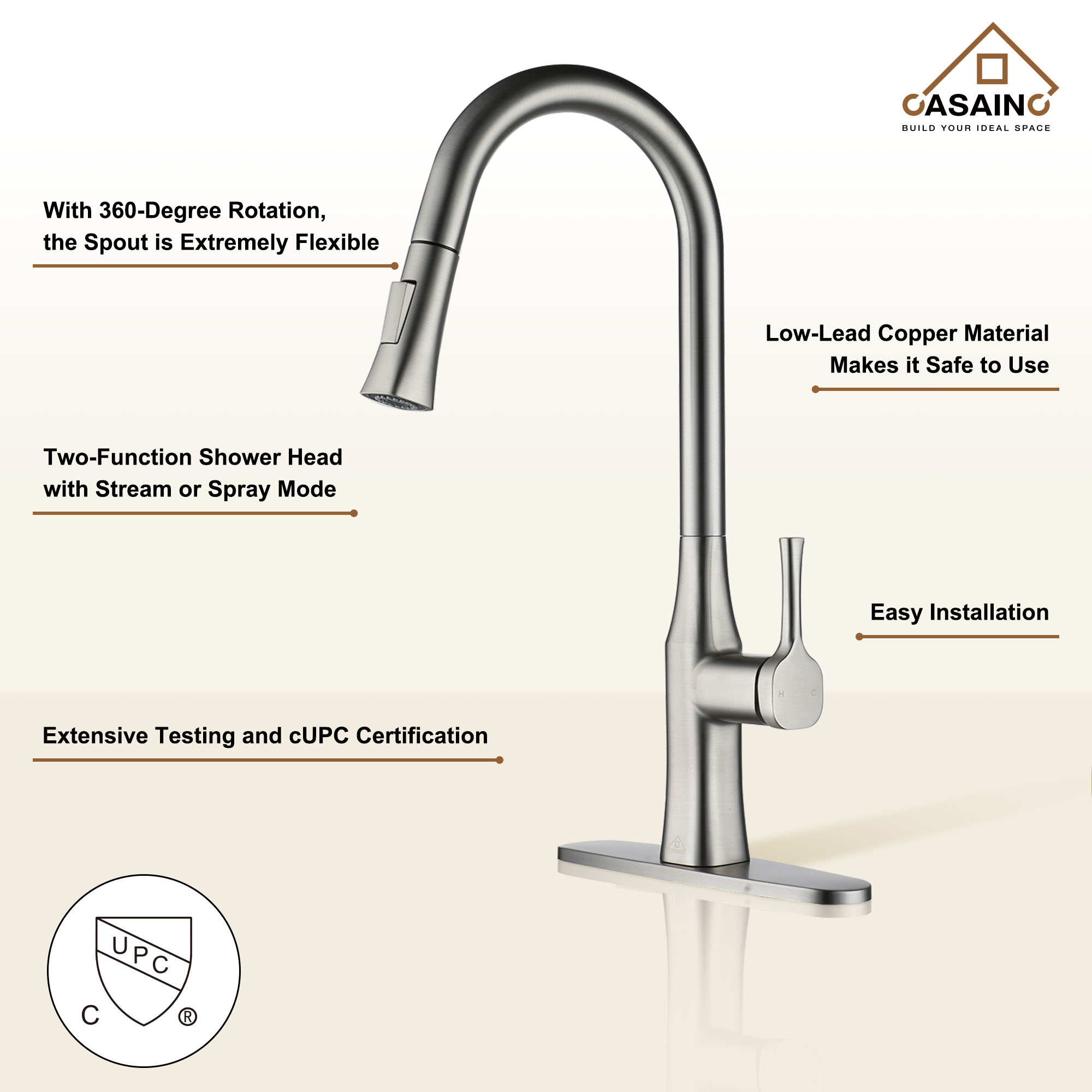 CASAINC Single-Handle Kitchen Faucet with  Pull-Down Sprayer