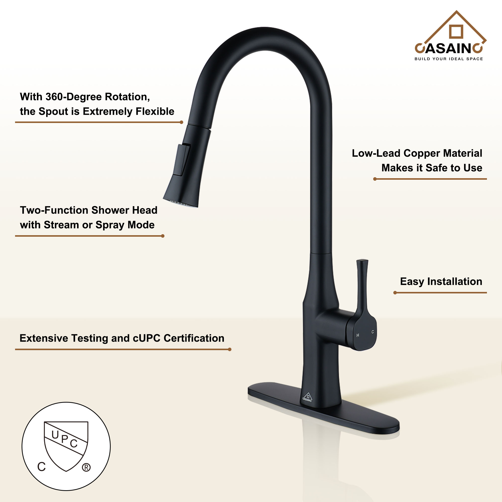 CASAINC Single-Handle Kitchen Faucet with  Pull-Down Sprayer