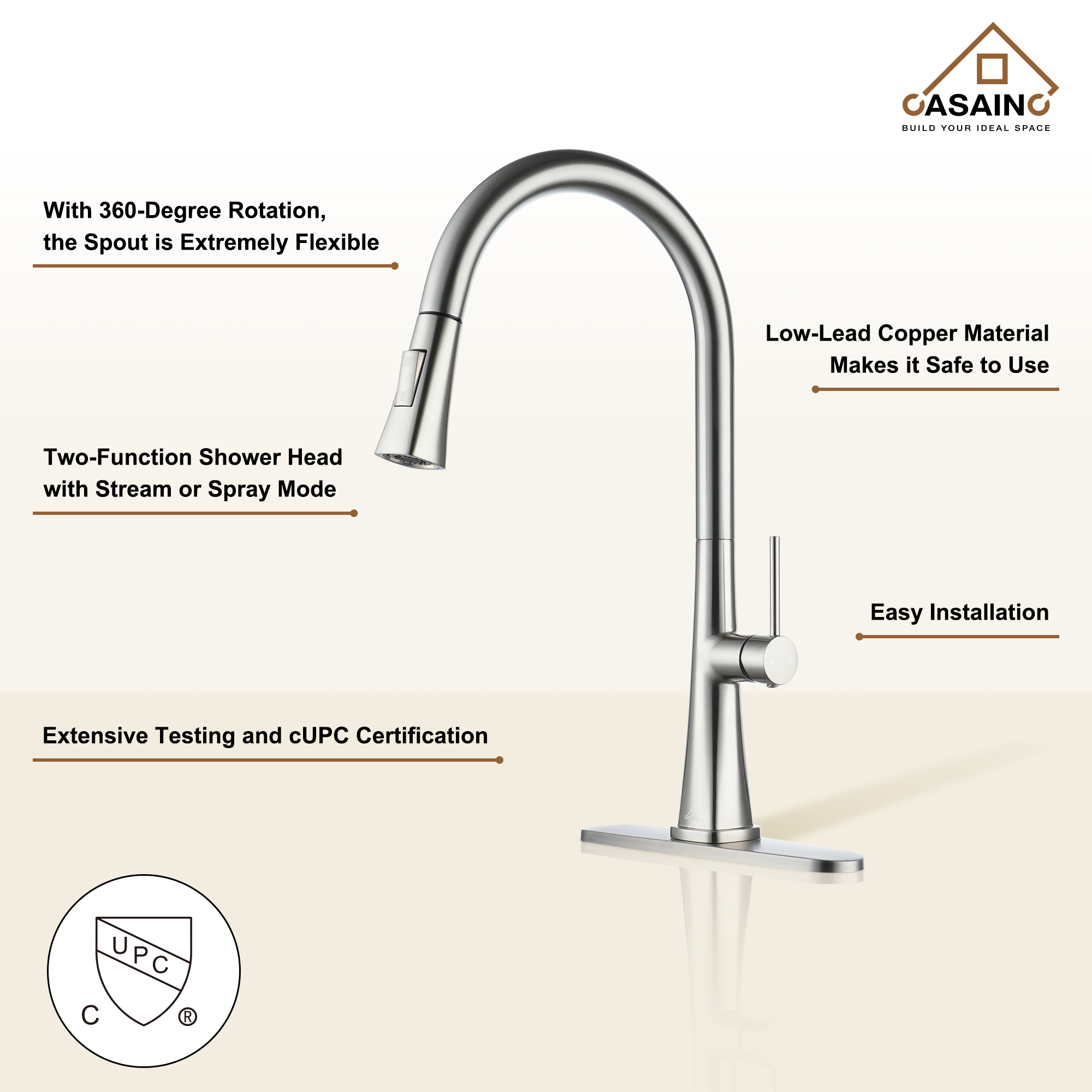 Single-Handle Pull-Out Kitchen Faucet in Brushed Nickel-CASAINC
