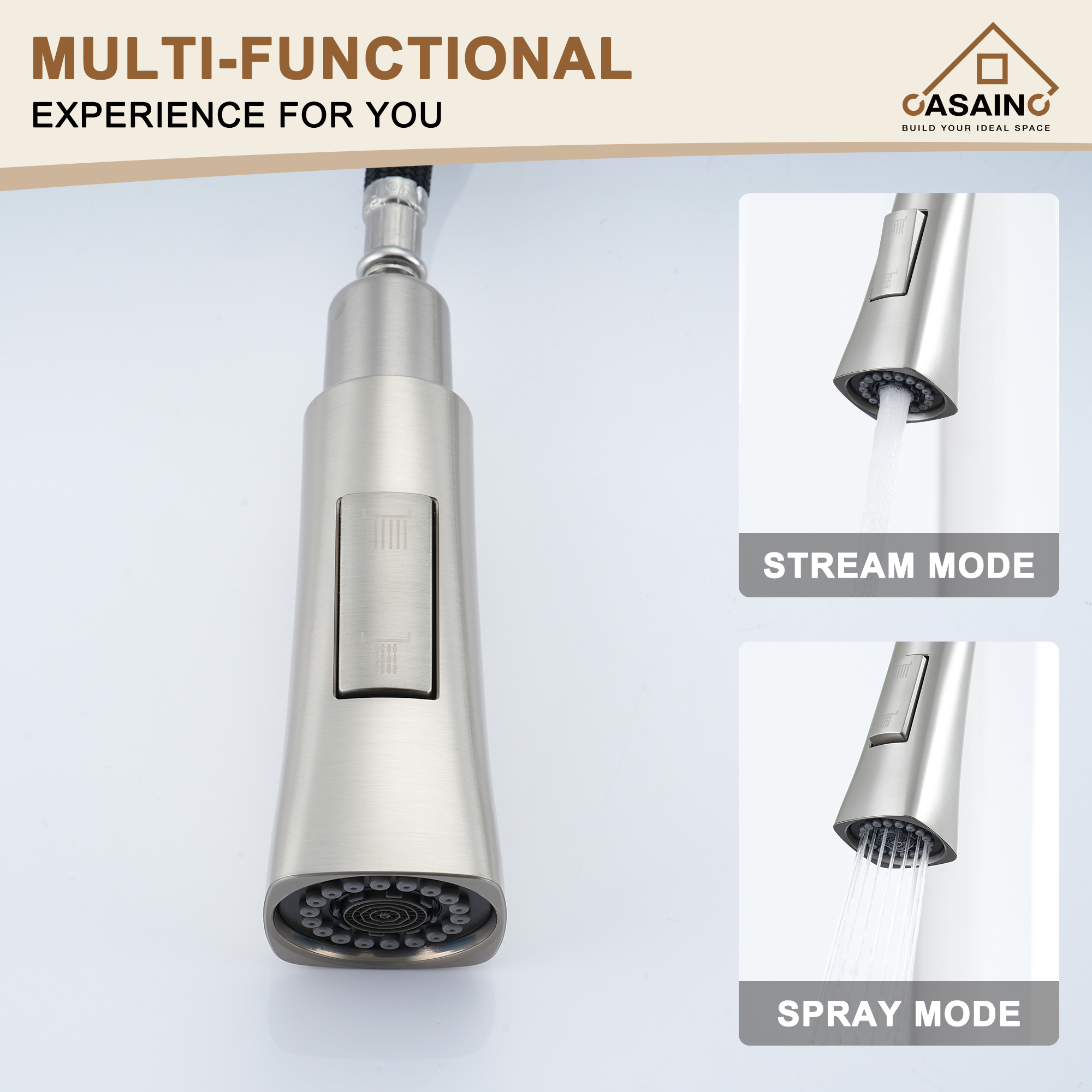 Single-Handle Pull-Out Kitchen Faucet in Brushed Nickel-CASAINC