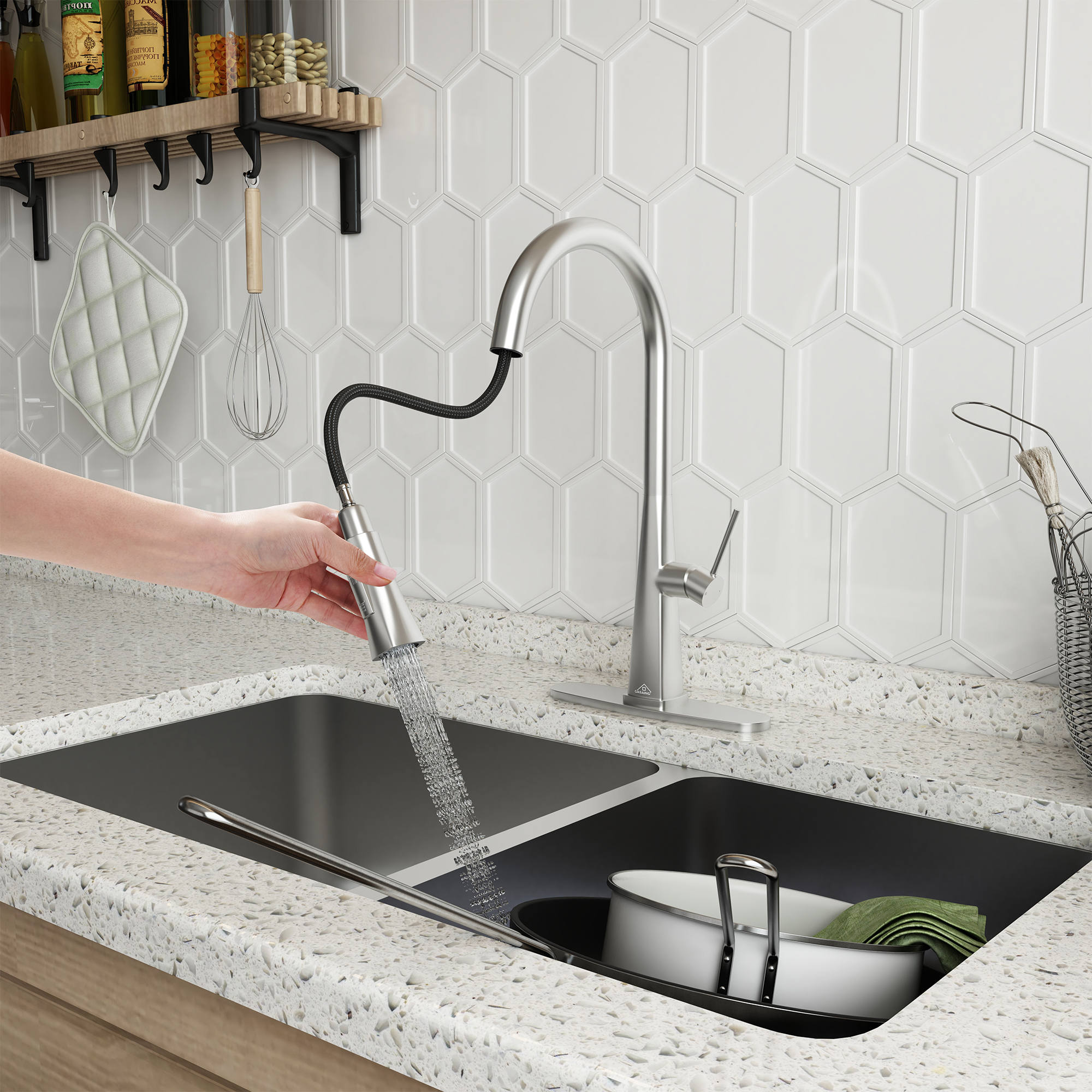 Single-Handle Pull-Out Kitchen Faucet in Brushed Nickel-CASAINC